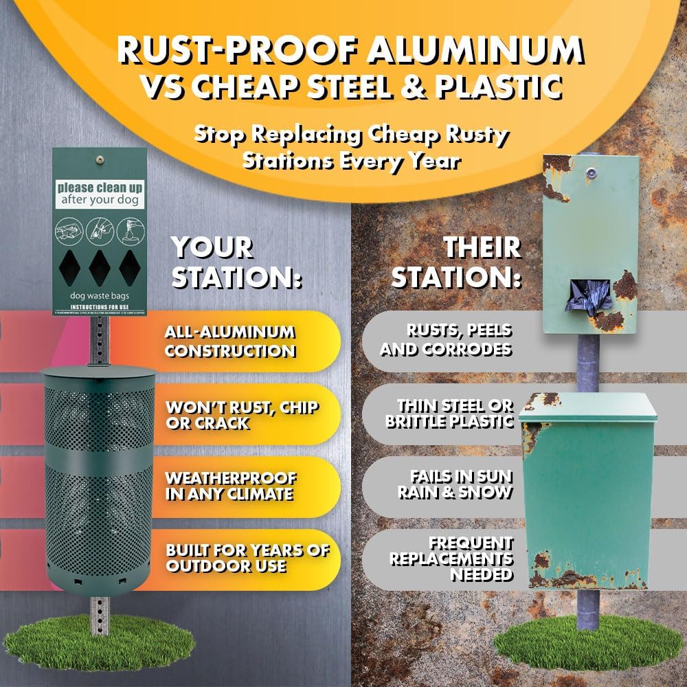 ZERO WASTE USA – NEW 2026 Rust-Proof Aluminum Dog Waste Station – 25% More Storage & Improved UV Protection – Free 400 Roll Bags & 25 Can Liners – 10-Year Warranty (Camp | Matte Green)