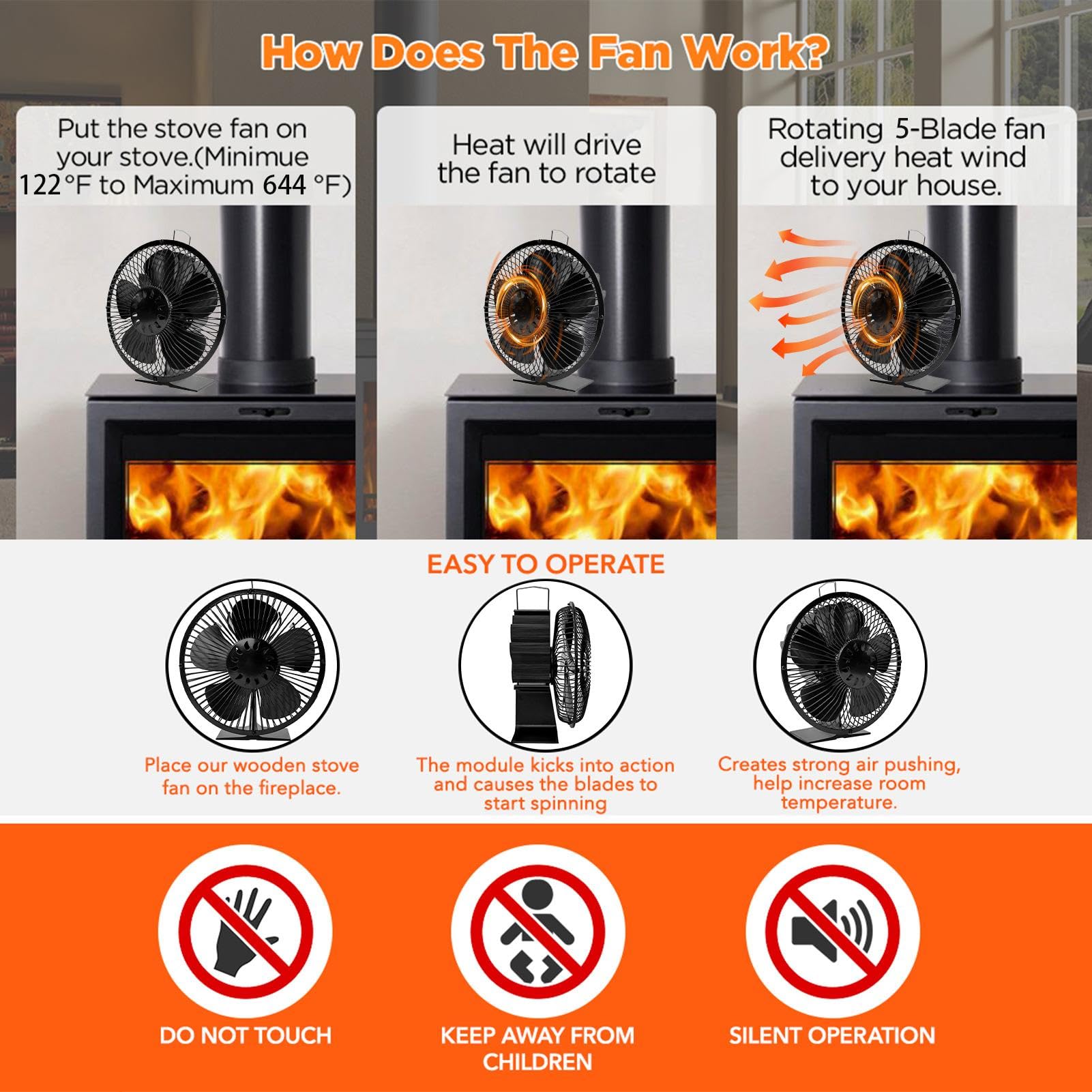 Ventola per stufa a legna Griglia Di Protezione Silenziosa Non Elettrica | Ventilatore per stufa a legna stufe, bruciatori a legna, camini e riscaldatori