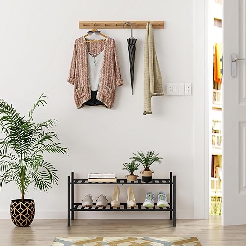 Miniatura 2 de Z&L HOUSE Zapatero de 2 niveles para armario, zapatero apilable de bambú para entrada, pasillo, baño, estante multifuncional para zapatos, color