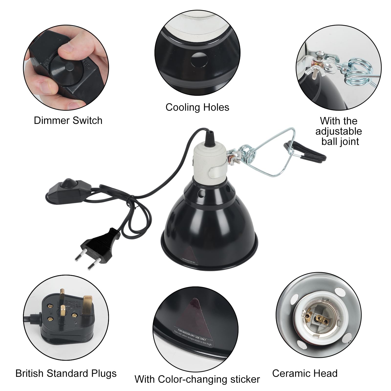 Uchwyt lampy grzewczej dla gadów, ceramiczna oprawka lampy UVA UVB z klipsem, regulacja temperatury, ogrzewany klosz dla gadów, żółwi, pająków, jaszczurek, węża