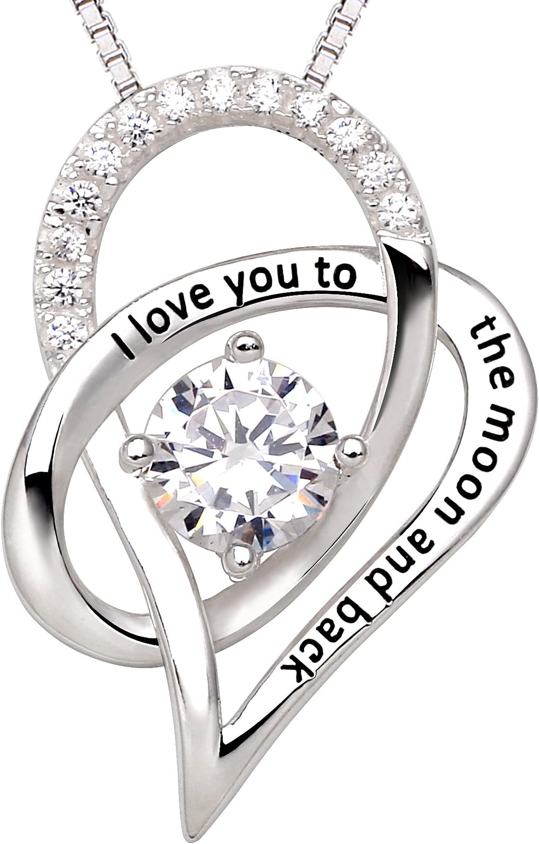 Jewelry Sterling Silver I Love You to The Moon and Back Love Heart Cubic Zirconia Pendant Necklace