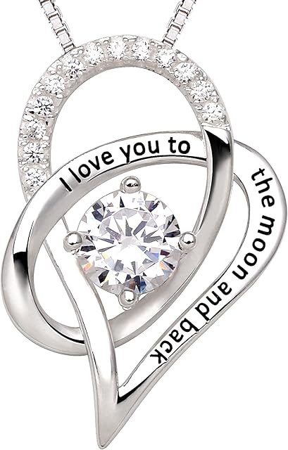 ALOV Jewelry Sterling Silver I Love You To The Moon and Back Love Heart Cubic Zirconia Pendant Necklace