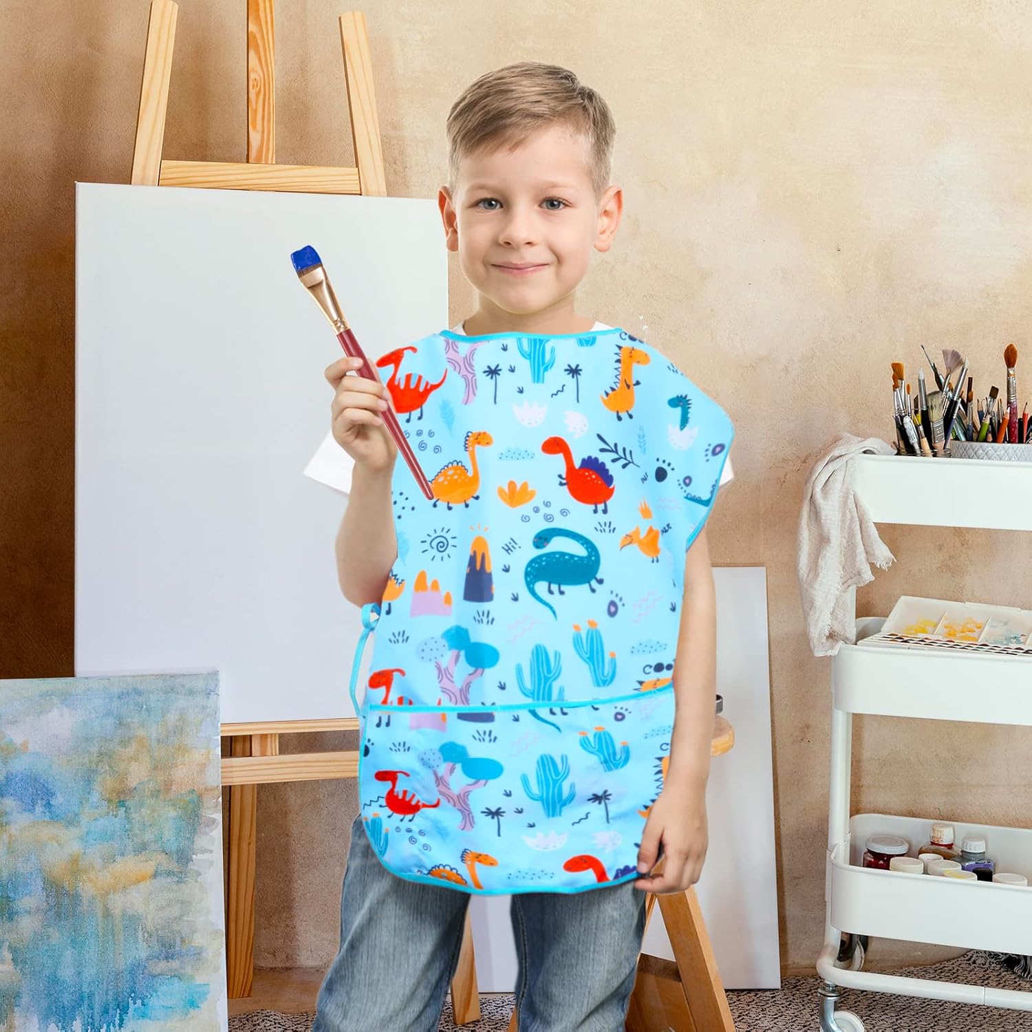 Kids Art Smock Girls Boys Artist Painting Apron with Pockets Sleeveless Smocks for Child 2-7 Years