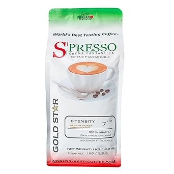 Espresso Coffee Beans Fair Trade Organic - 2.2lbs Medium Roast - 100% Arabica - SPRESSO Gold Star Coffee