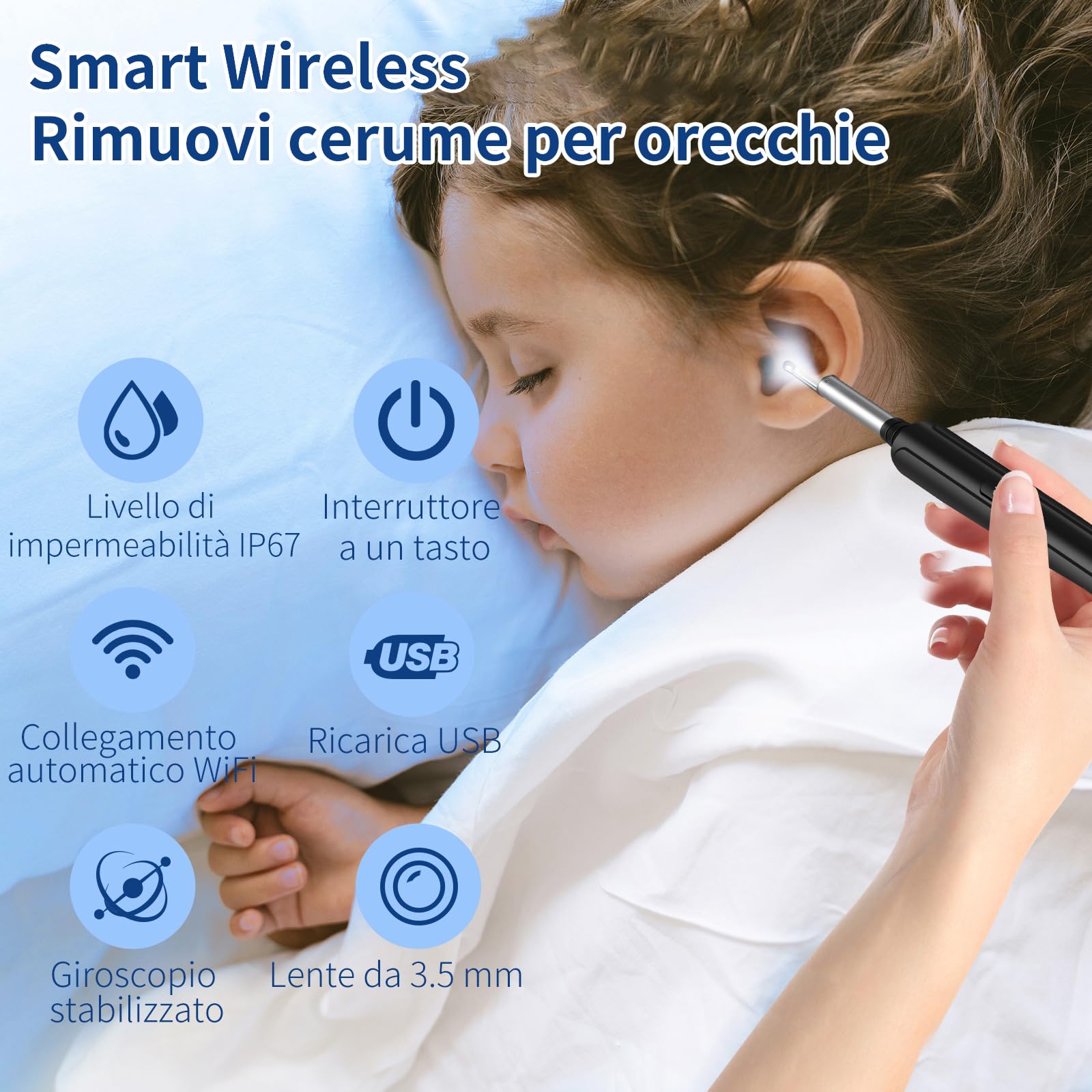Pulizia Orecchie Otoscopio, Pulitore Orecchie HD da 5 MP, Pulisci Orecchie Impermeabile IP67, Pulire Orecchie da 3,9 mm e 6 LED per iPhone, iPad e smartphone Android, Nero