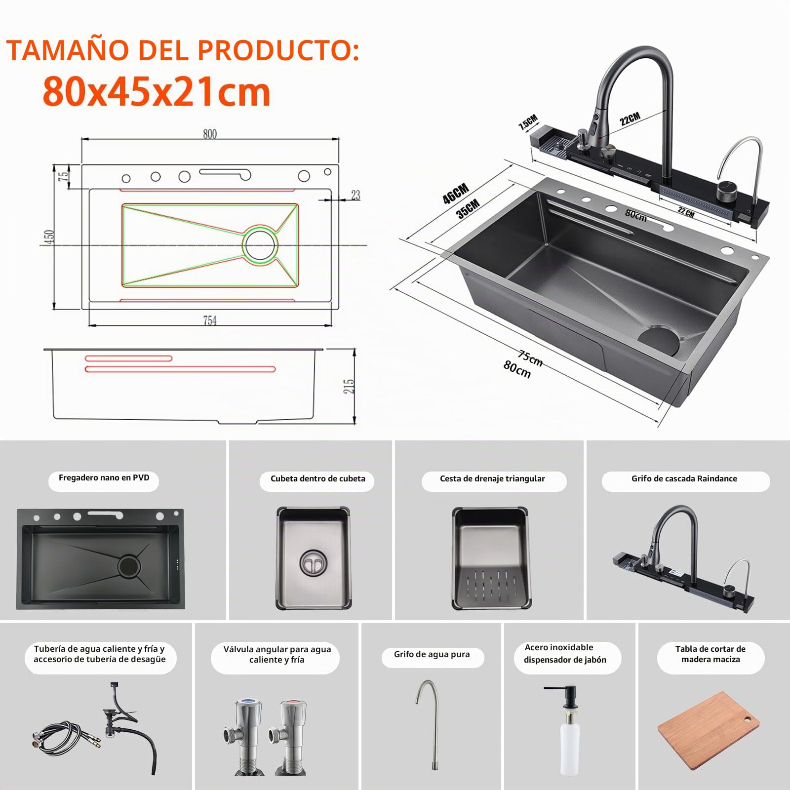 Fregadero Cocina Multifuncional 1 Seno Negro 80x45 cm | Fregadero Cascada en Acero Inoxidable 304, Grifo Extraíble y Grifo Filtrante, Tabla de Cortar y Accesorios Completos