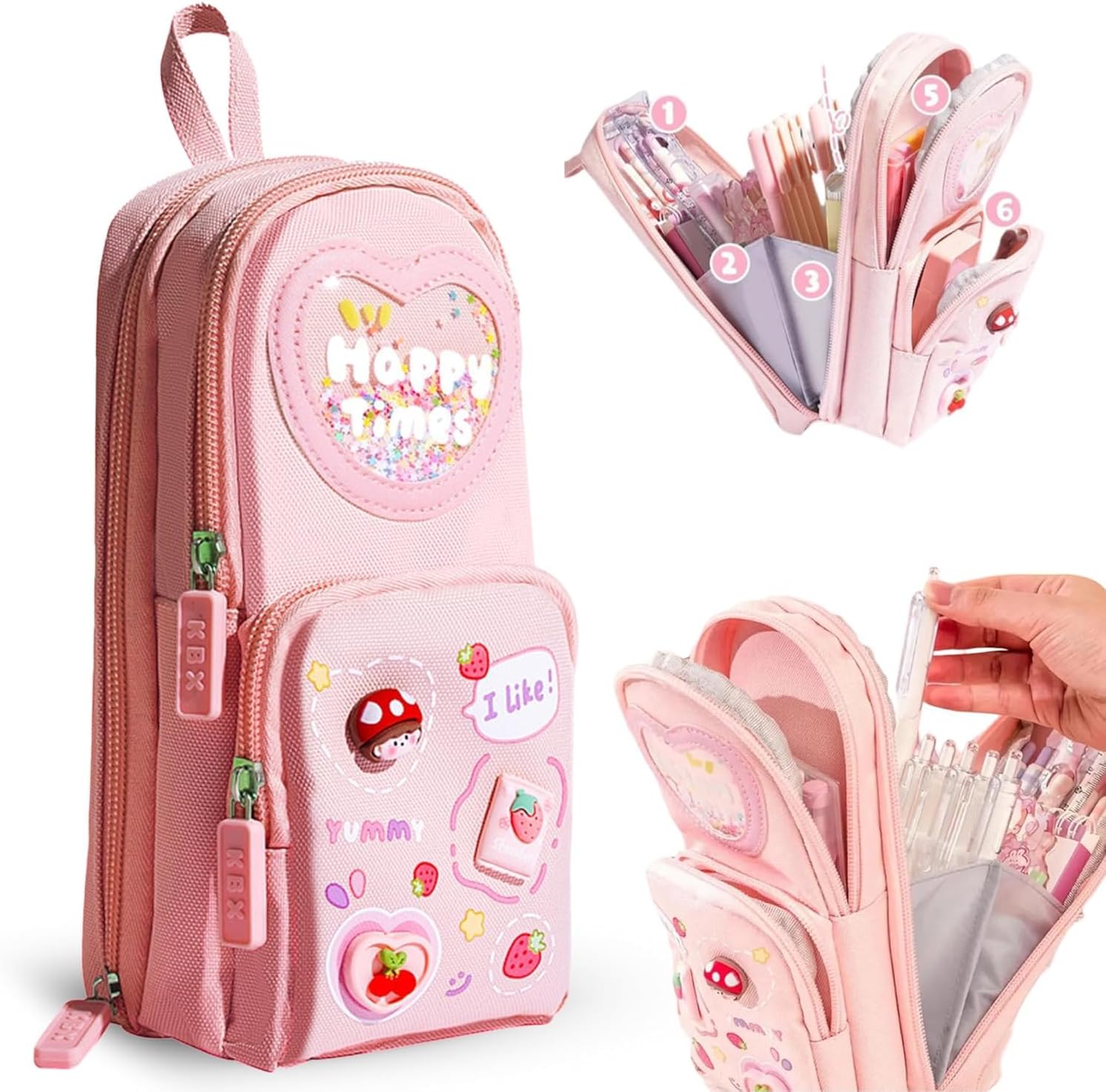 Brand Conquer Canvas School Bag Pencil Case 3 Layer 6 Compartment Large Capacity, Aesthetic Pencil Pouch for Stationary, Cute Stationery for Kids, Pencil Case for Girls & Boys Gift for Children (Pink)