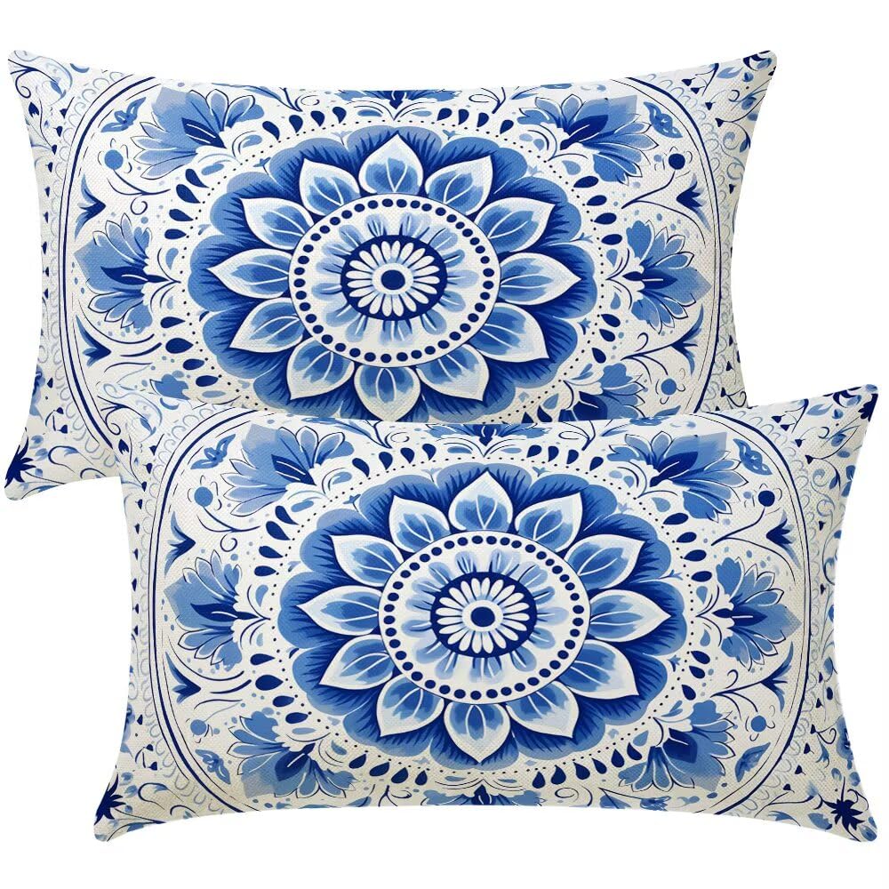 Blue Cushion Covers 30x50 cm Set of 2 Decorative Pillows Mandala Throw Pillow Case Rectangle Cushion Cover Couch Cushions Covers for Living Room Sofa Bedroom with Invisible Zipper 12x20 Inch -SC456