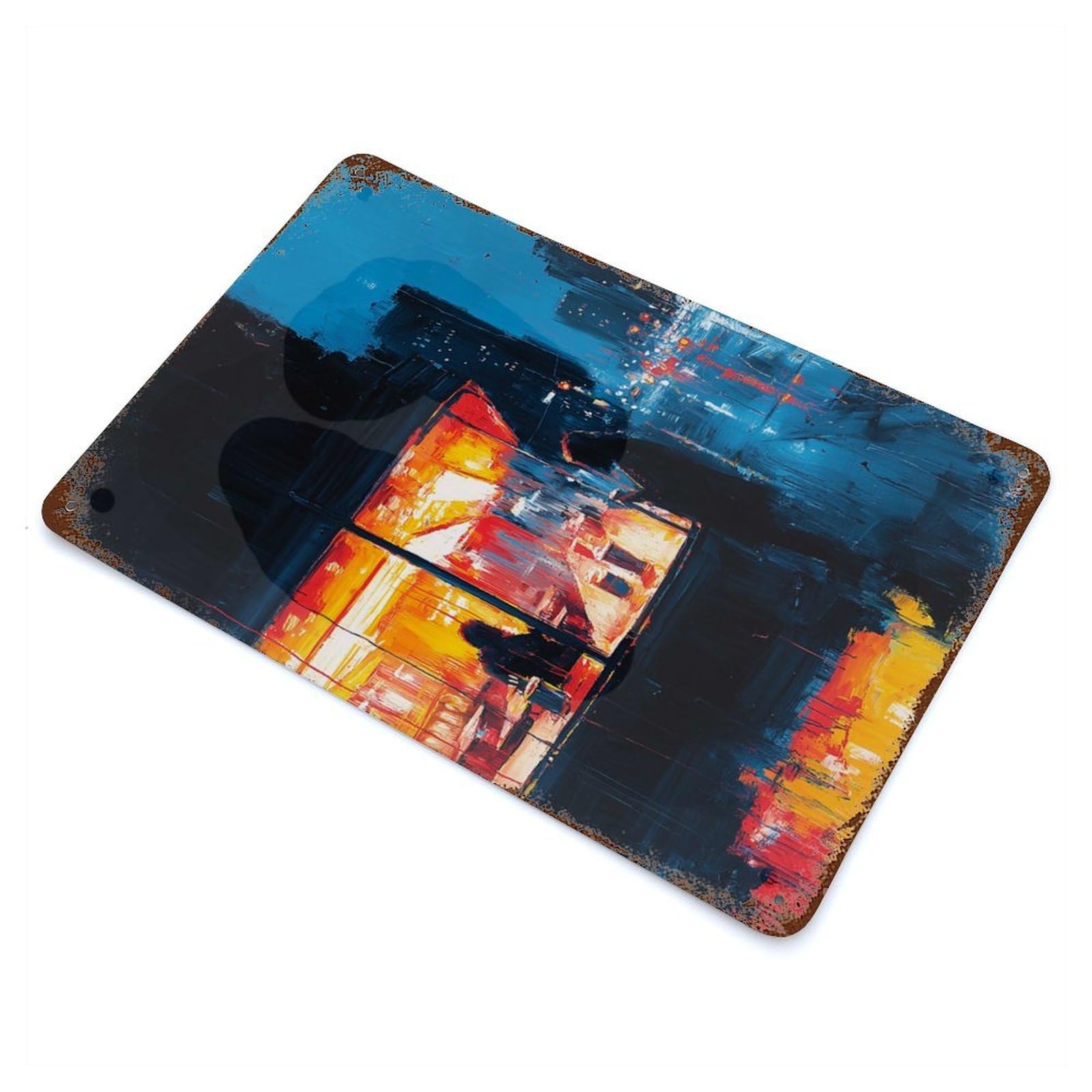 Expressionist Urban Night Café – Bold Cinematic Cityscape 11.8"x7.9" Weathered Tin Sign, Rustic Home Decor for Living Room, Hallway And Home Decor