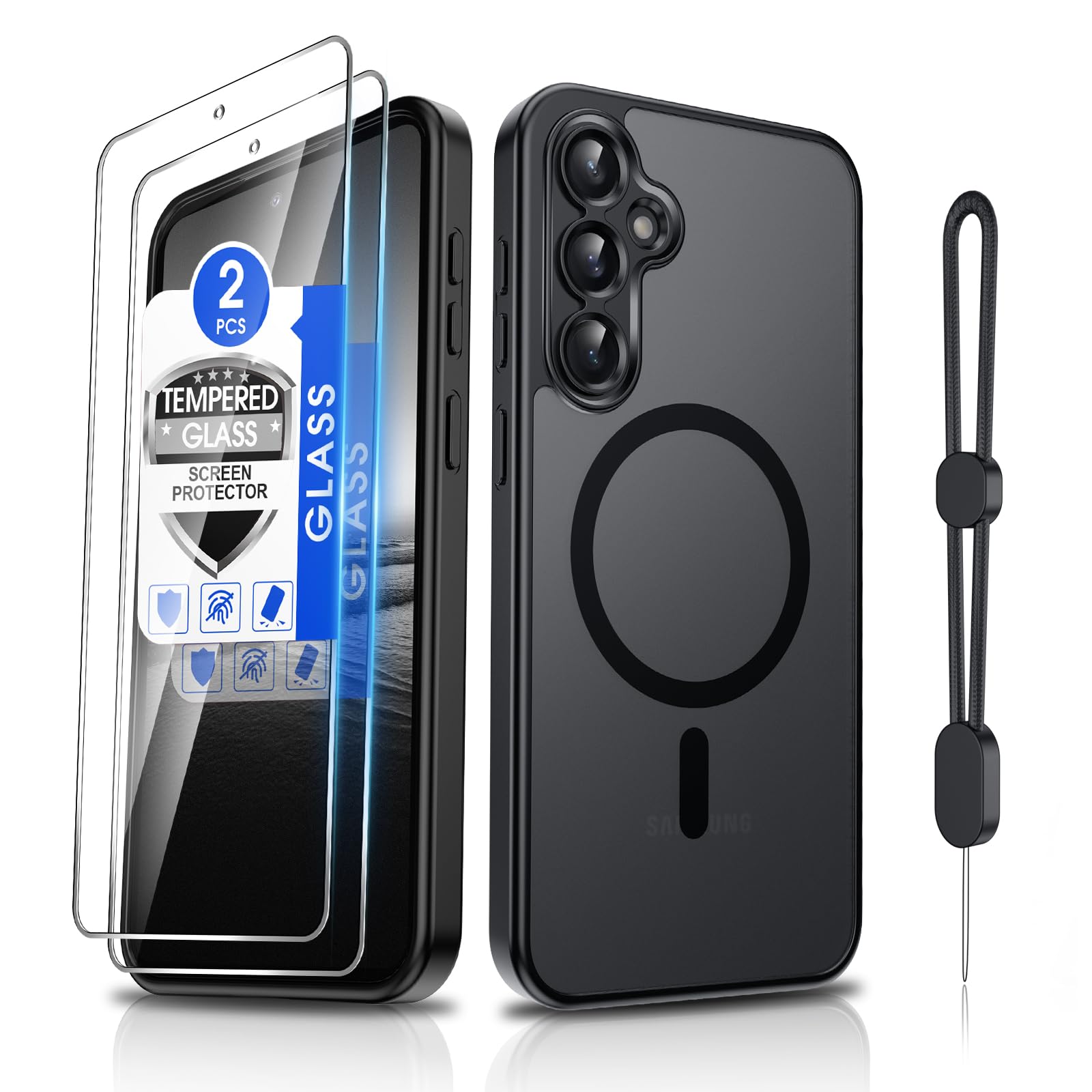 Dizn Magnetic for Samsung Galaxy S23 FE Case:[𝐍𝐨𝐭 𝐅𝐢𝐭 𝐒𝟐𝟑]with Tempered Glass Screen Protector,Strap,Fit for MagSafe,Matte Translucent Cover,Military Shockproof Protective S23 FE (6.4"),Black