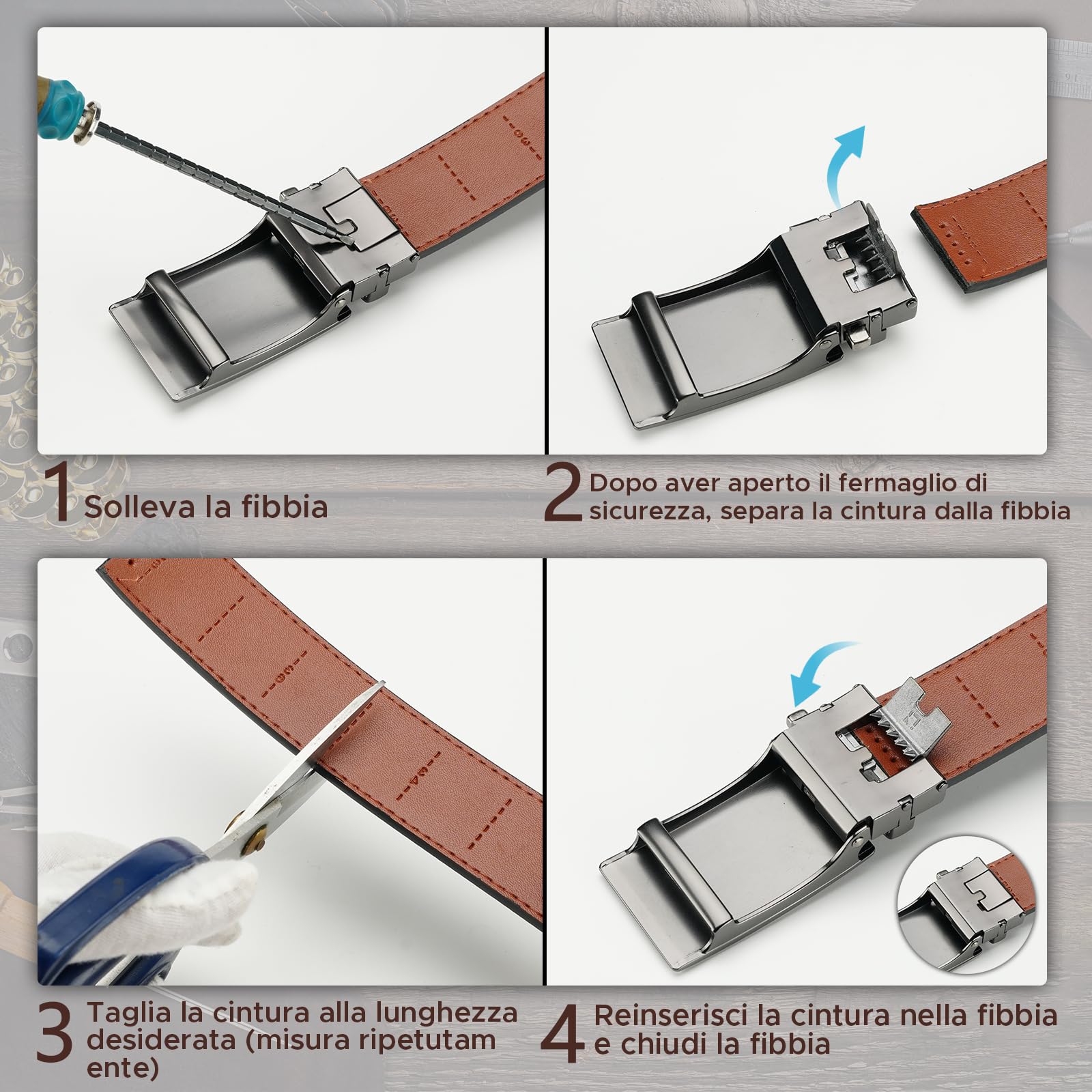 FEFLO Cintura Uomo, Cintura Pelle con Fibbia Automatica cricchétto, Larghezza 35 mm,Taglia Regolata, Adatto per abbigliamento da lavoro e casual