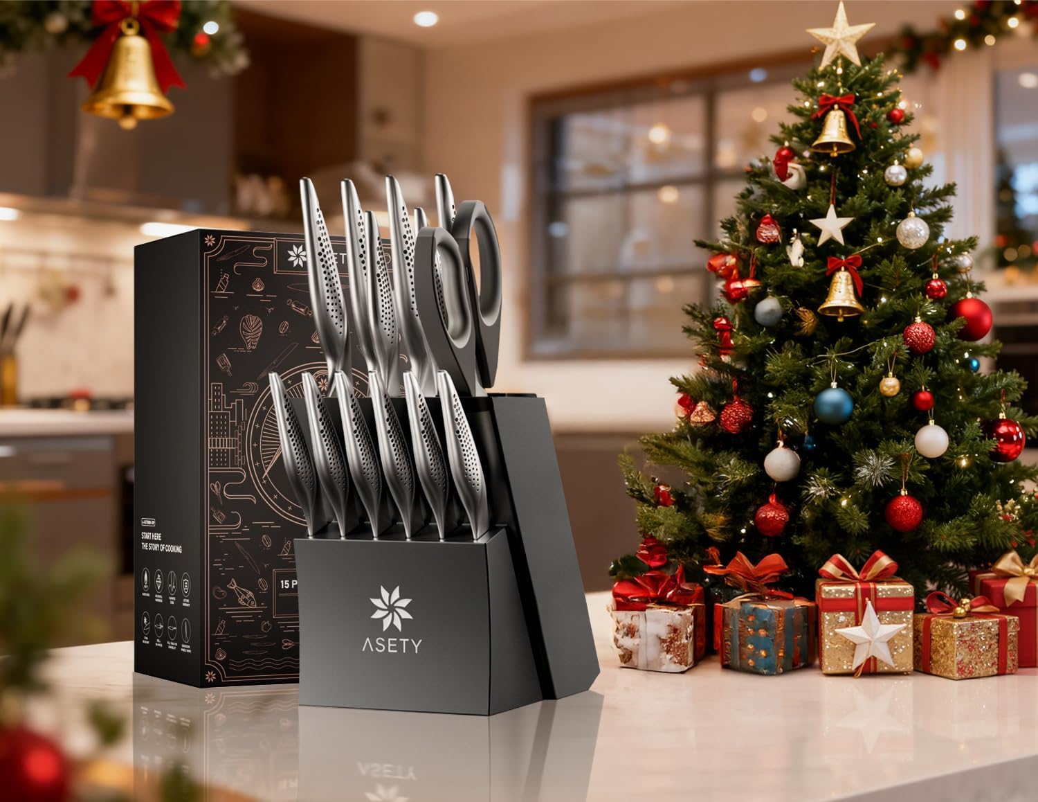 Knife Set - Ultra Sharp Knives Set for Kitchen with block, 15 PCS Stainless Steel Knife Set with Built-in Sharpener, Ergonomic Non-Slip Handle, Elegant Box for Men Women