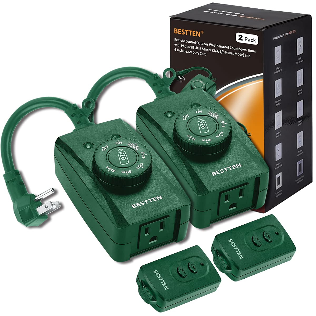BESTTEN2 Pack Remote Control Outdoor Outlet with Dusk to Dawn and Photocell Countdown Timer Functions, ETL Certified, Green
