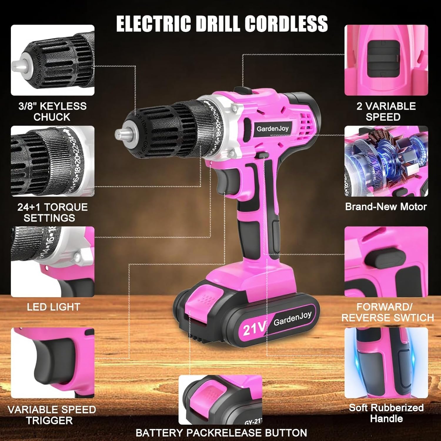 The GardenJoy drill being used to drill a hole into a wooden plank.
