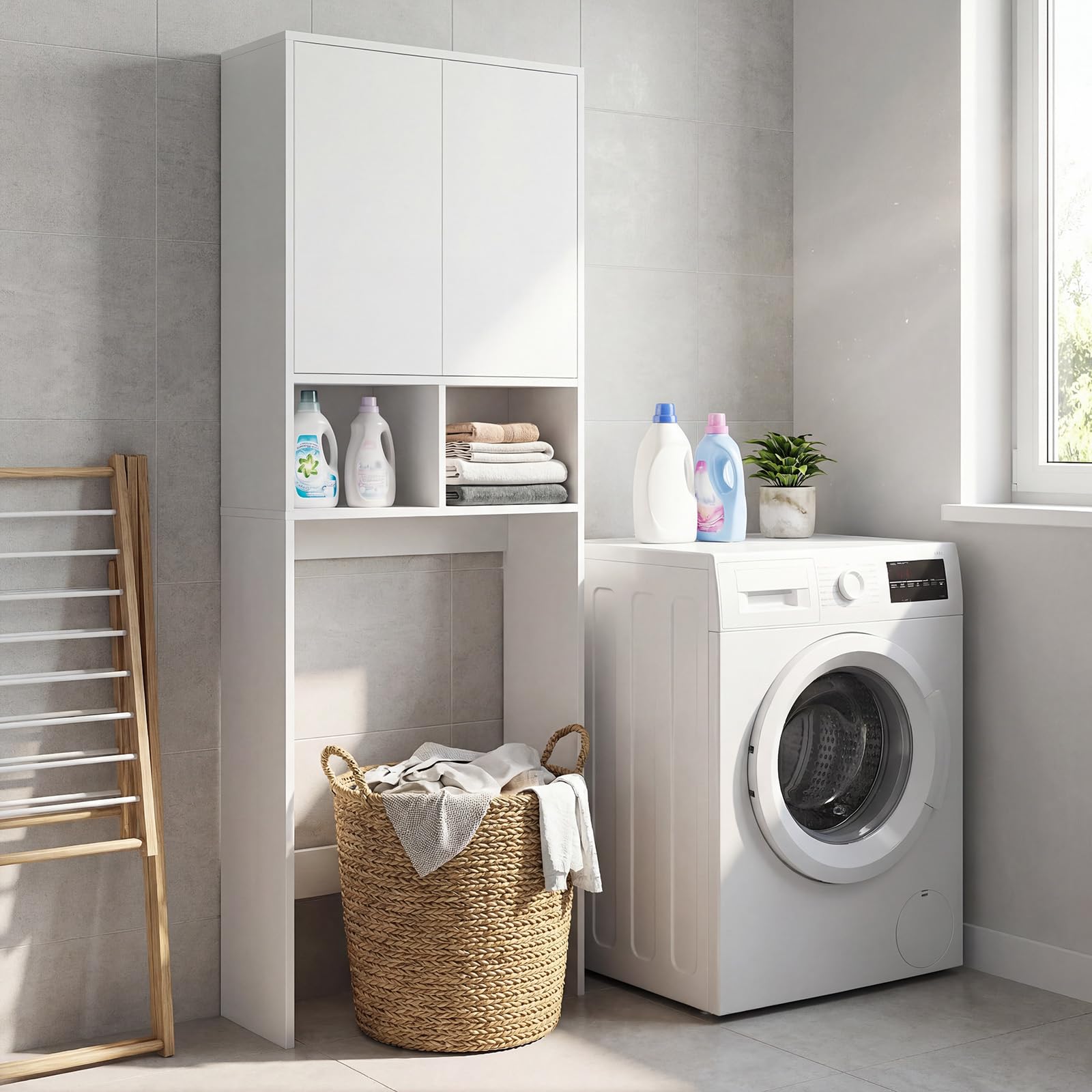 COSTWAY Armario de Almacenamiento sobre el Inodoro, Mueble Organizador de Baño con Puertas, 2 Compartimentos Abiertos, Estante Ajustable, Gabinete Estantería Ahorro de Espacio para Lavandería, Blanco