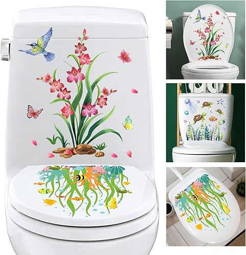 3 calcomanías para inodoro de algas marinas y tortugas marinas, calcomanías para tapa de inodoro de vid de flores, calcomanías de bricolaje