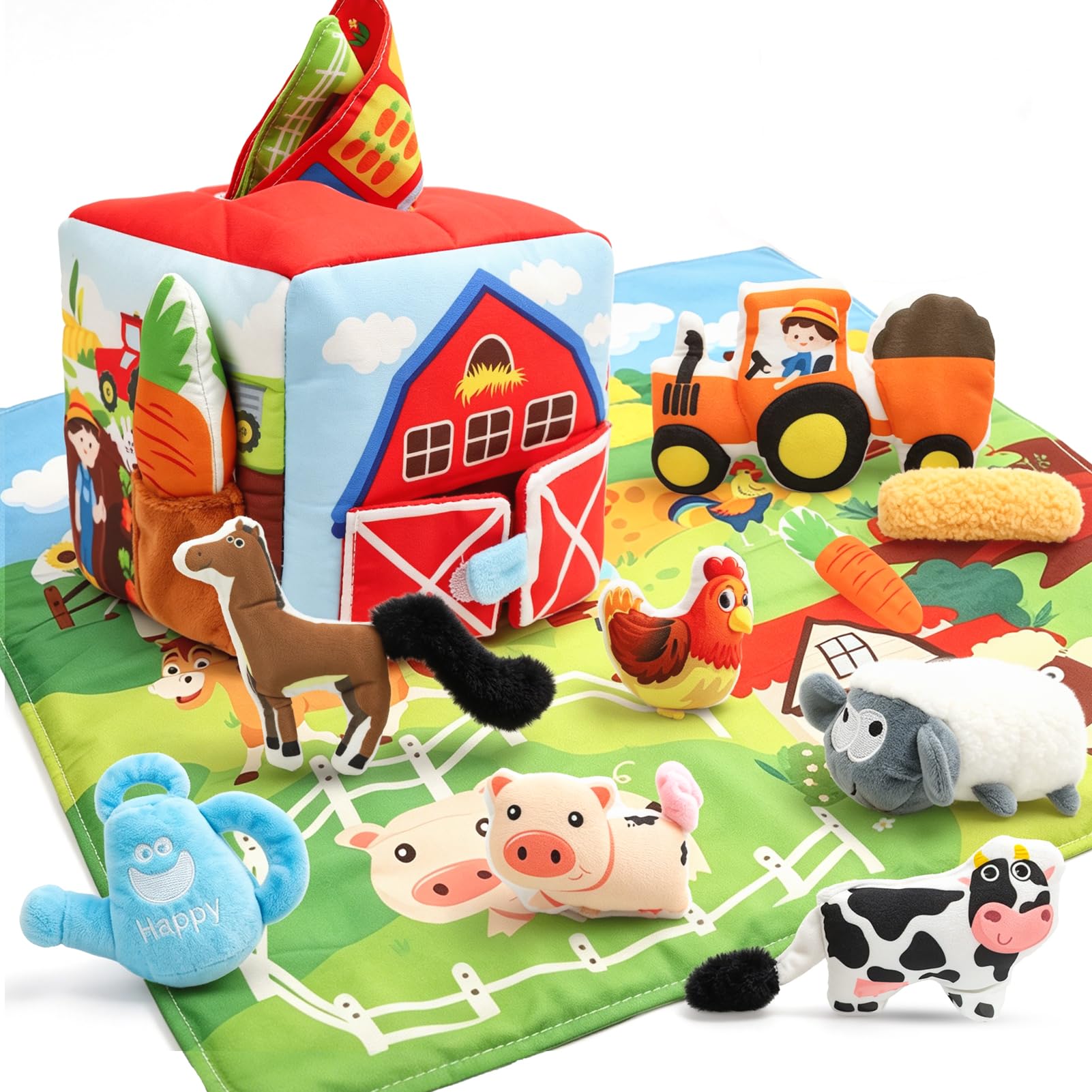 LZDMY Baby Toys 6 to 12 Months, Sensory Tissue Box Montessori Toys for 1 Year Old Boys Girls, Soft Plush Animals Toy with Farm Mat, Toddlers Travel Toy, Baby 1st Birthday Gifts