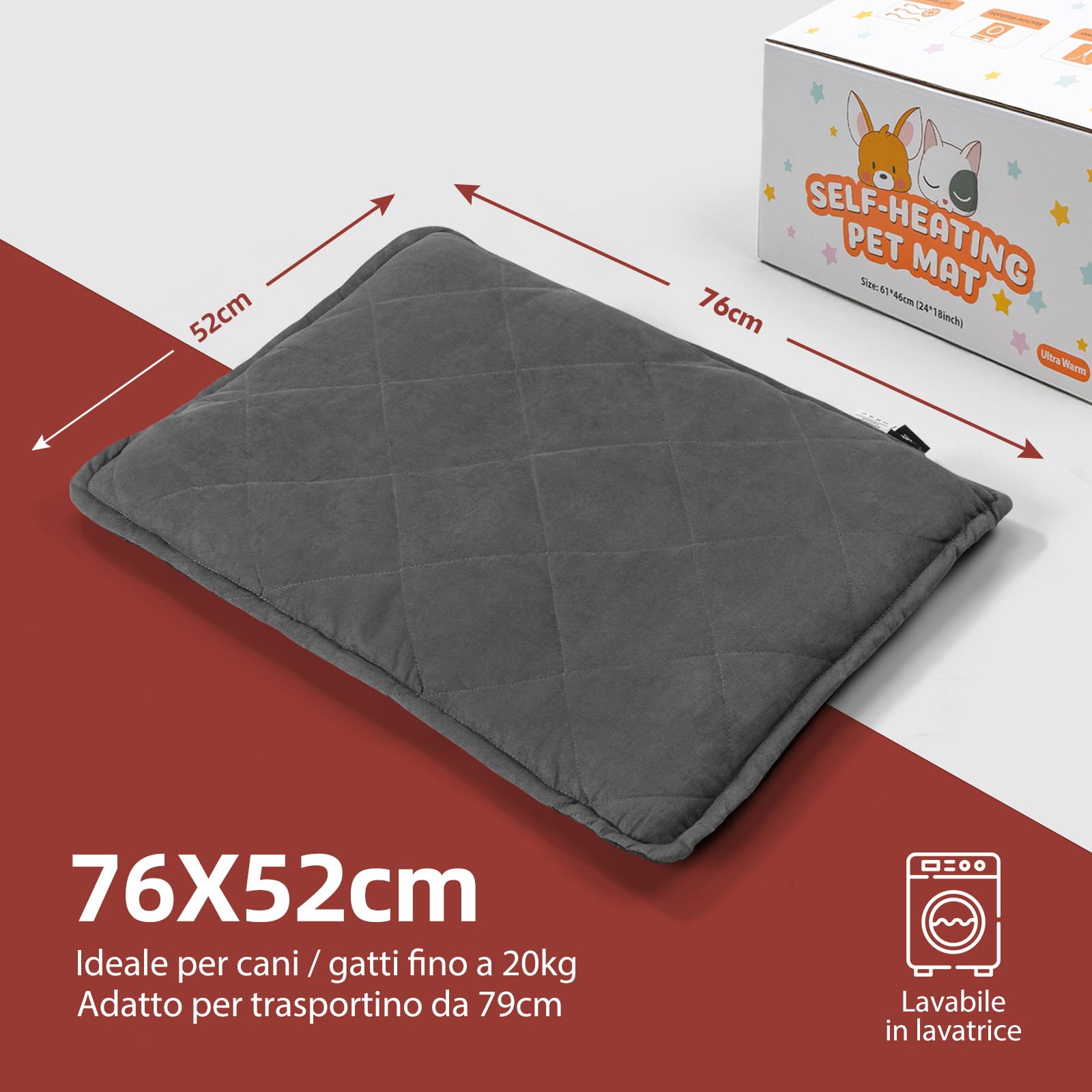 Mora Pets Tappeto riscaldante gatto Coperta autoriscaldante per gatti e cani Tappetino riscaldante Senza elettricità e batterie Coperta termica Rimovibile e Lavabile 76 x 52 cm
