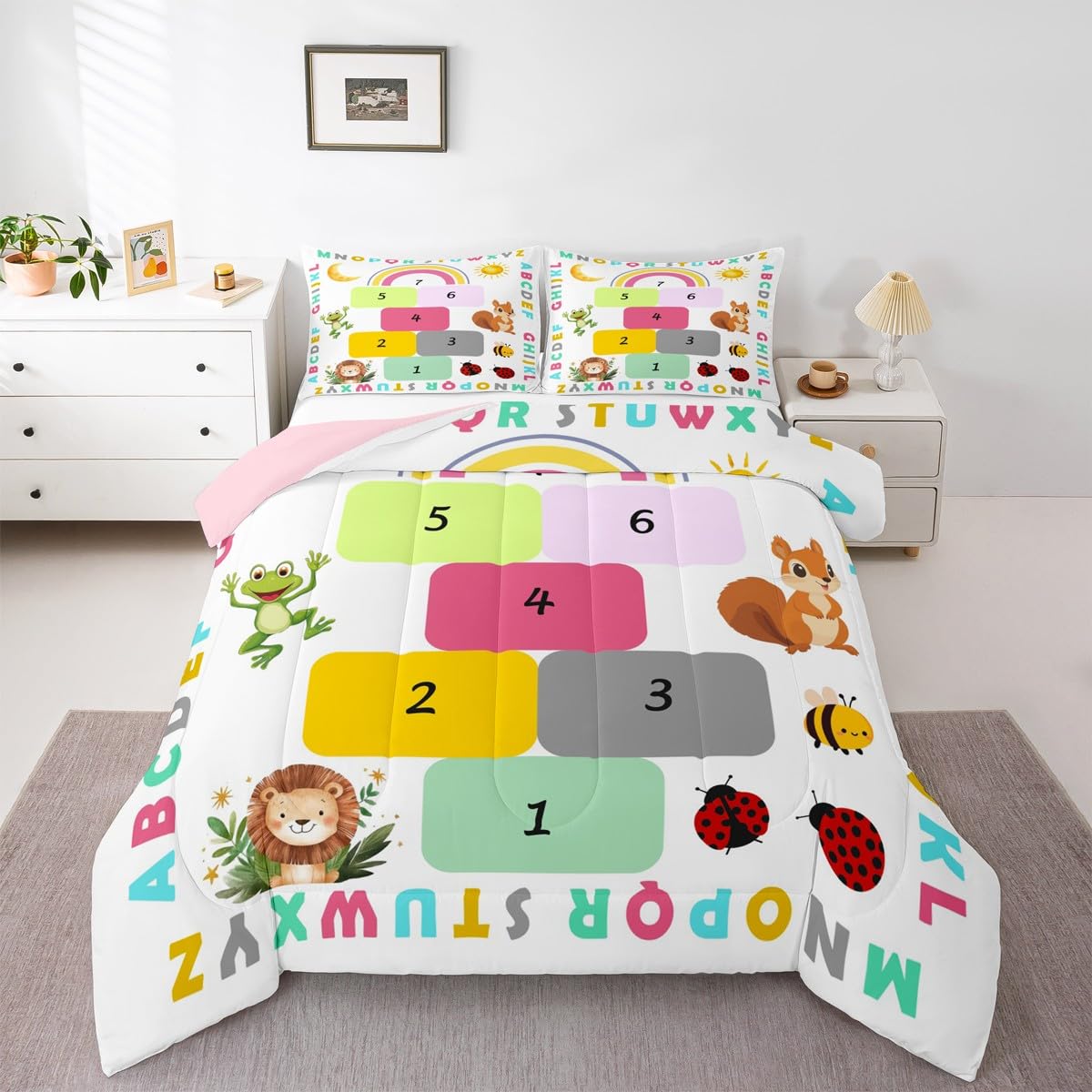 Feelyou Kids Educational Comforter Set All Season Alphabet Bedding Set with 2 Pillow Cases Learning Alphabet Microfiber Kids King Bedclothes Numbers Bedroom Decor Duvet Quilt Soft Lightweight