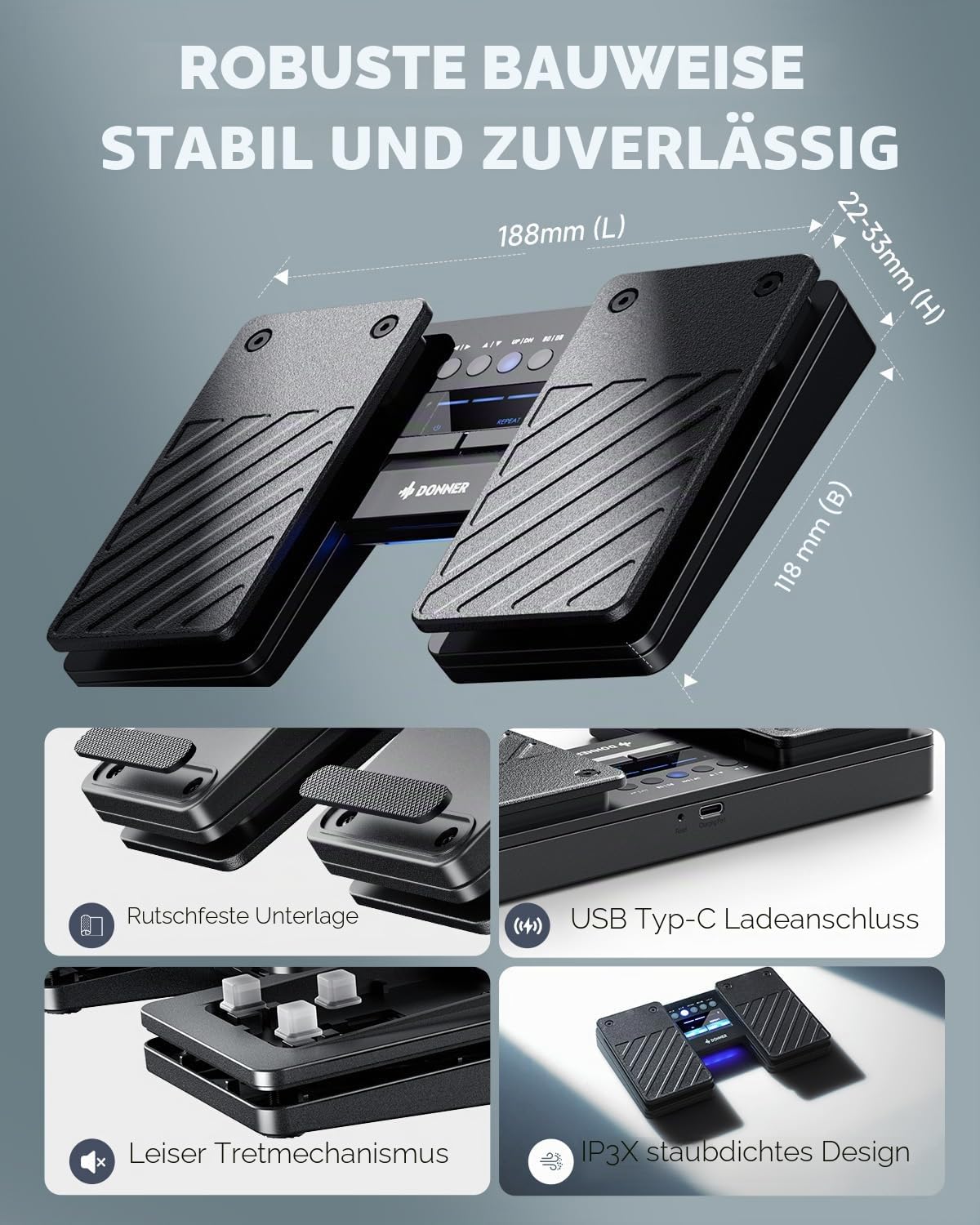 Donner Wireless Bluetooth Page Turner Pedal Bluetooth-Seitenumblätterer-Pedal für iPad-Tablets und Smartphones, Fußpedal, Schwarz