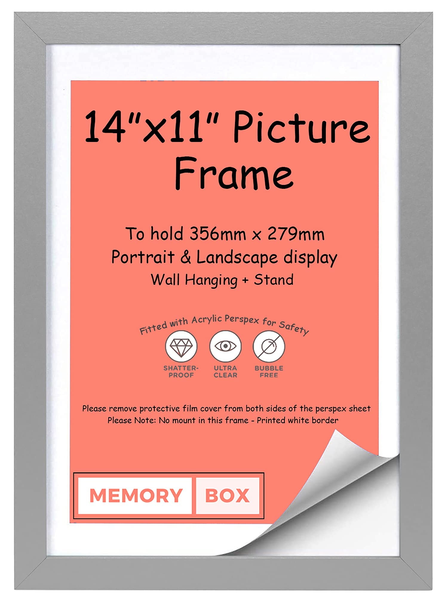 Memory Box Silver - Wrapped MDF Picture/Photo/Poster frame with Perspex Sheet - Moulding 20mm Wide and 15mm Deep - (35.6 x 27.9cm) 14" x 11"