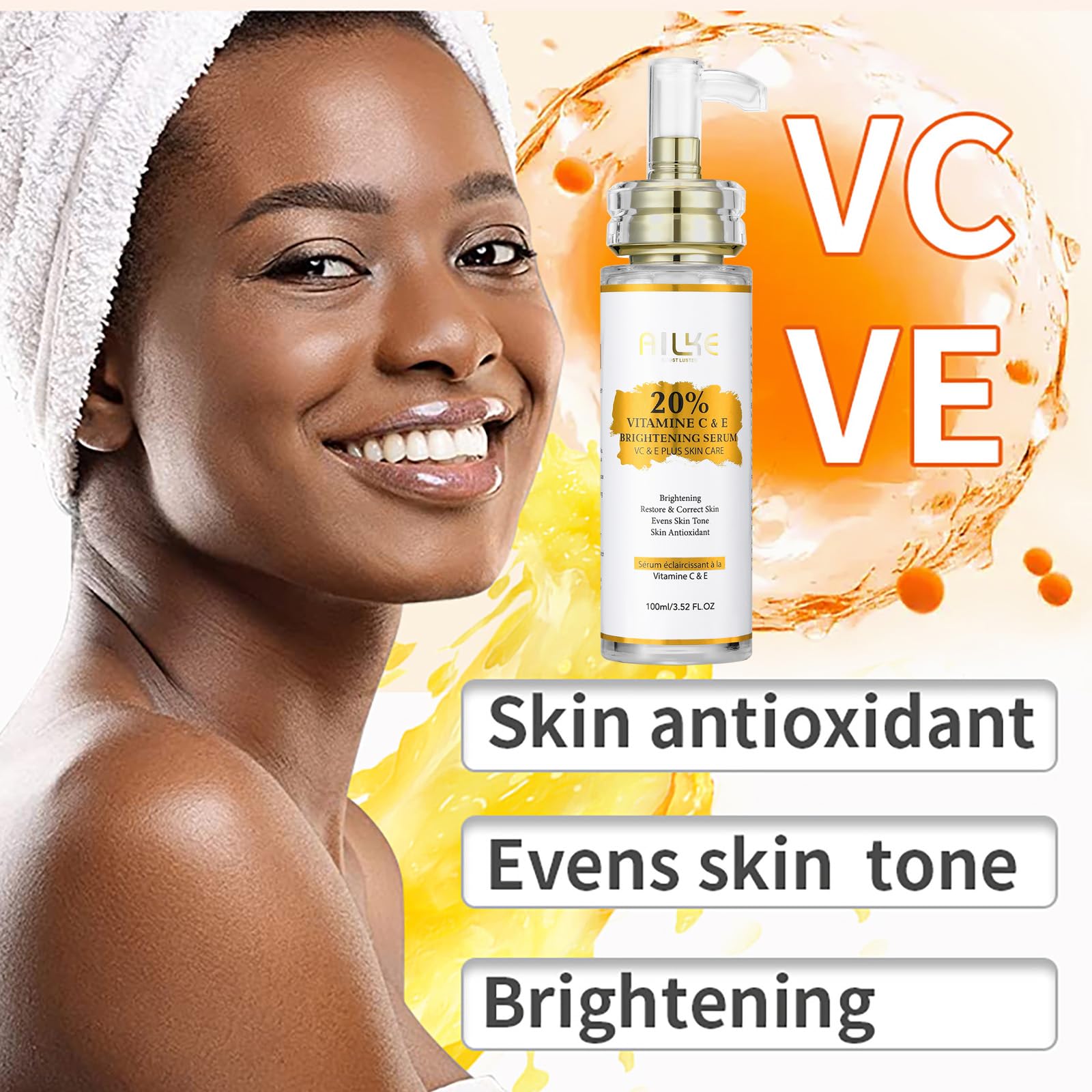 AILKE Witamina C & E super rozjaśniające skoncentrowane serum, wybielające, nawilżające, oczyszczające skórę, redukuje ciemne plamy, z niacynamidem, gliceryną, do twarzy, ciała, 100 ml (3 sztuki)