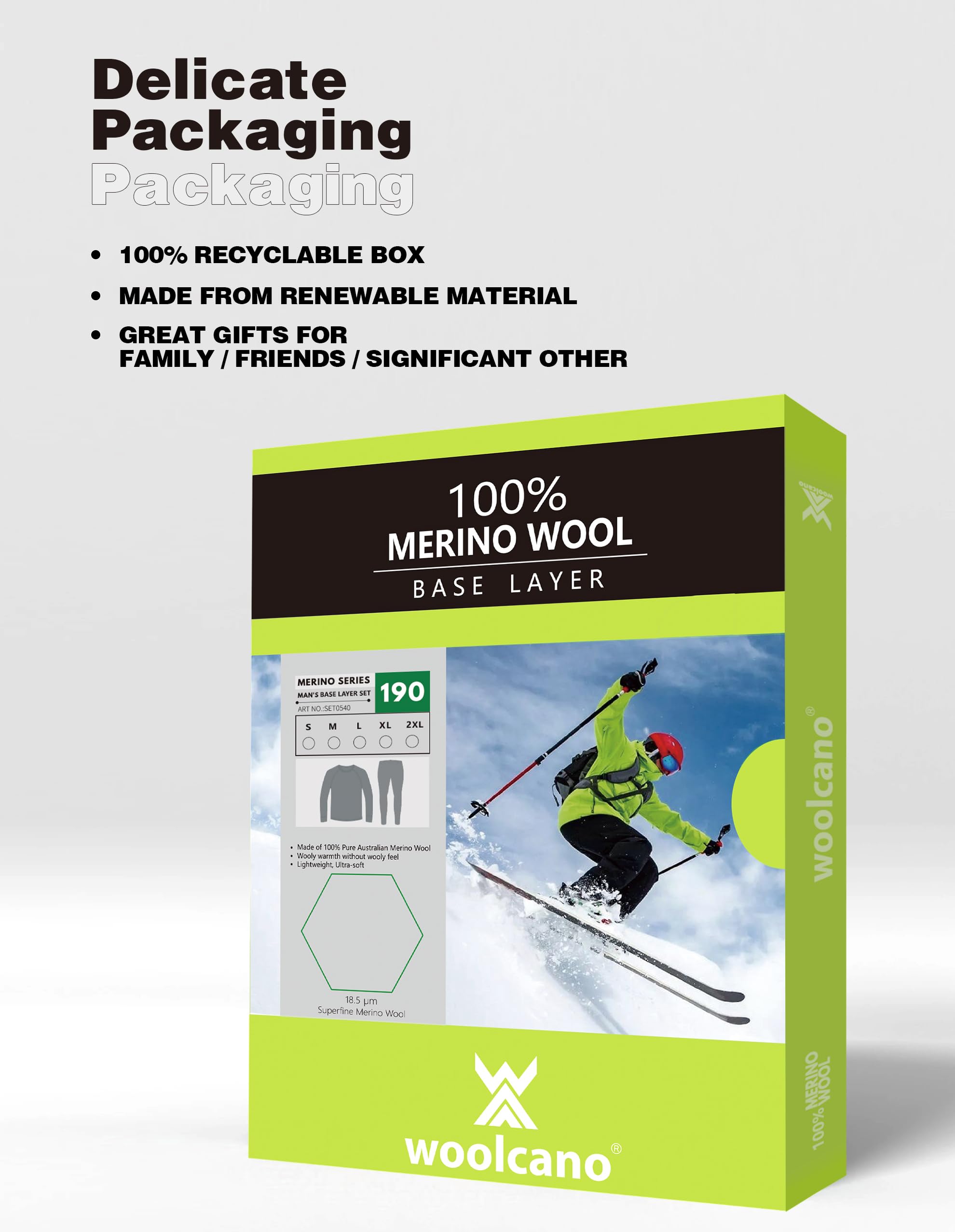 100% Merino Unterwäsche-Set Herren Merinowolle Thermounterwäsche Ski | Feuchtigkeitsableitend, Wärmeregulierung, 18,5 Mikron, 190g/m² & 260g/m², Langarm Ober- & Unterteile, Wintersport, Skifahren