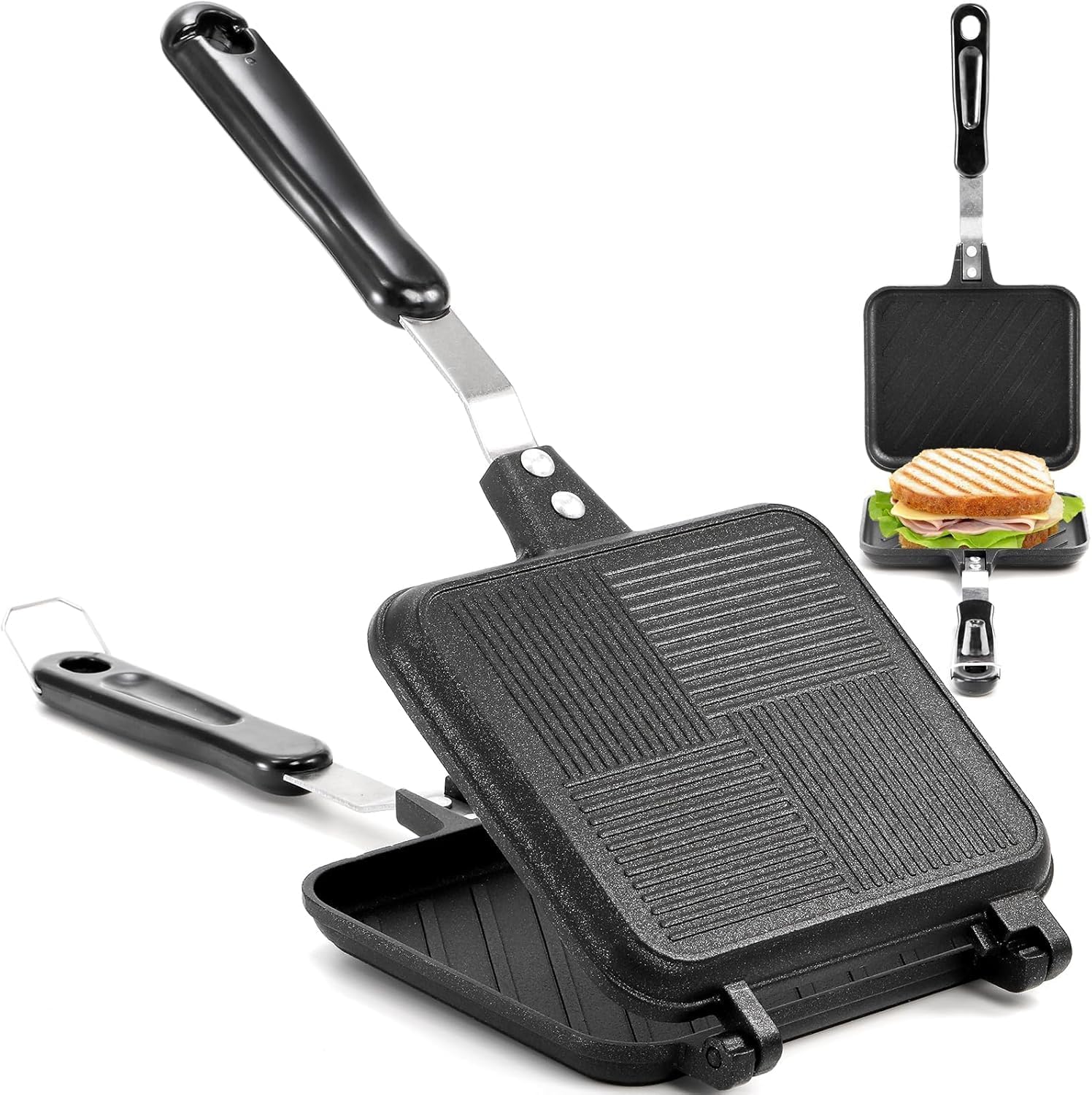 Elsjoy Non-Stick Camping Sandwich Panini Maker with Handle, Aluminum Double Sided Frying Pans Detachable Grilled Sandwich Flip Pan, Stovetop Toasted Sandwich Maker Pan for Home, Kitchen, Breakfast