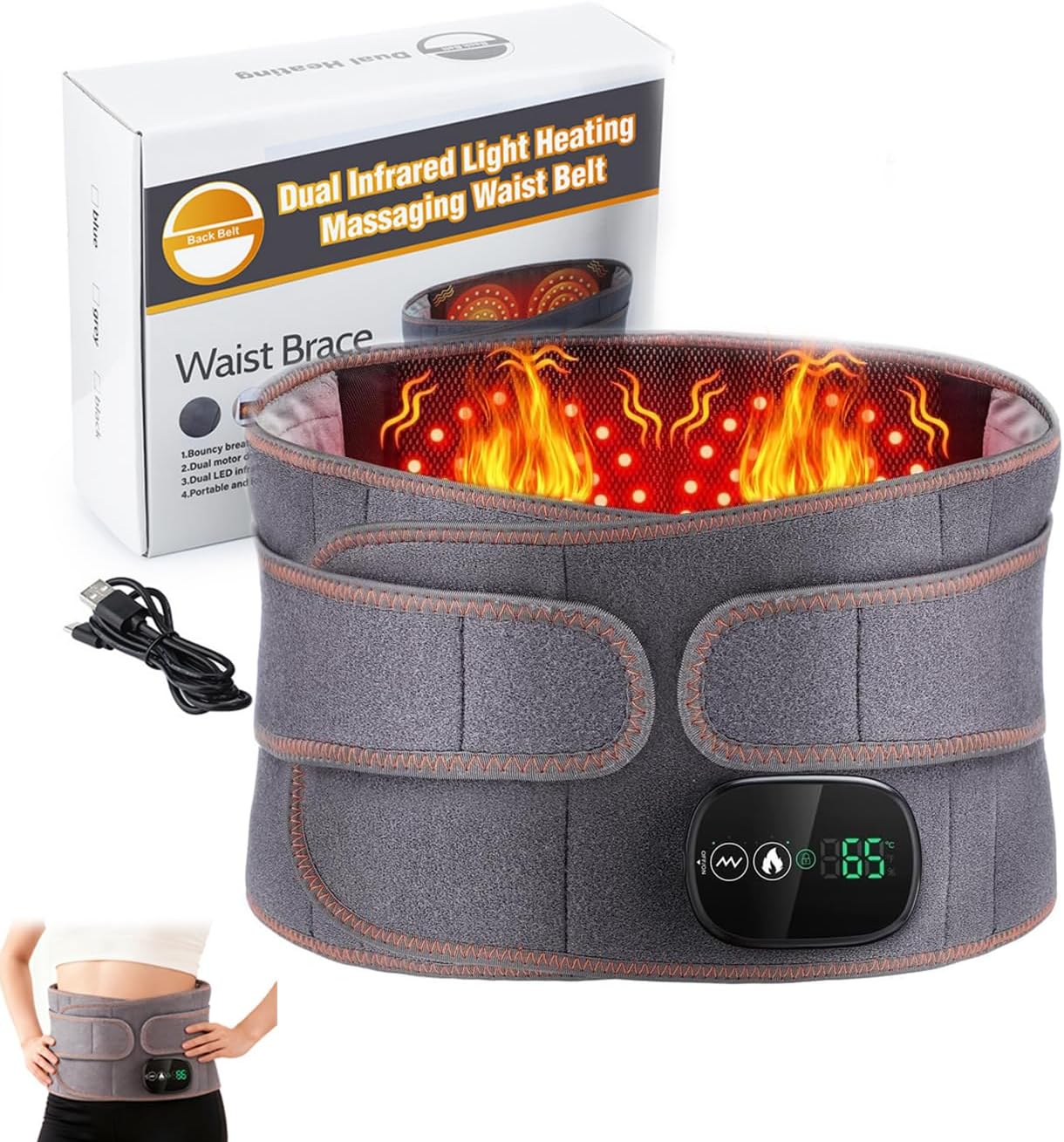 Portable Heating Pad with Massager for Back Pain Relief, 5000mAh Cordless Heating Pad, Touchscreen Control, Adjustable Waist Belt, 3 Heat & Vibration Levels, Ideal Gift for Men Women Mom Dad (Grey)