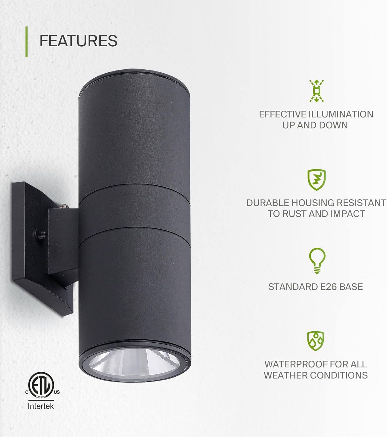 ASD 2 Light Dusk to Dawn Exterior Lighting Fixtures - 120W E26 Cylinder Up and Down Black Modern Outdoor Wall Light, LED CFL Incandescent Bulb Patio Wall Light Fixture, Outdoor Sconce Lights ETL