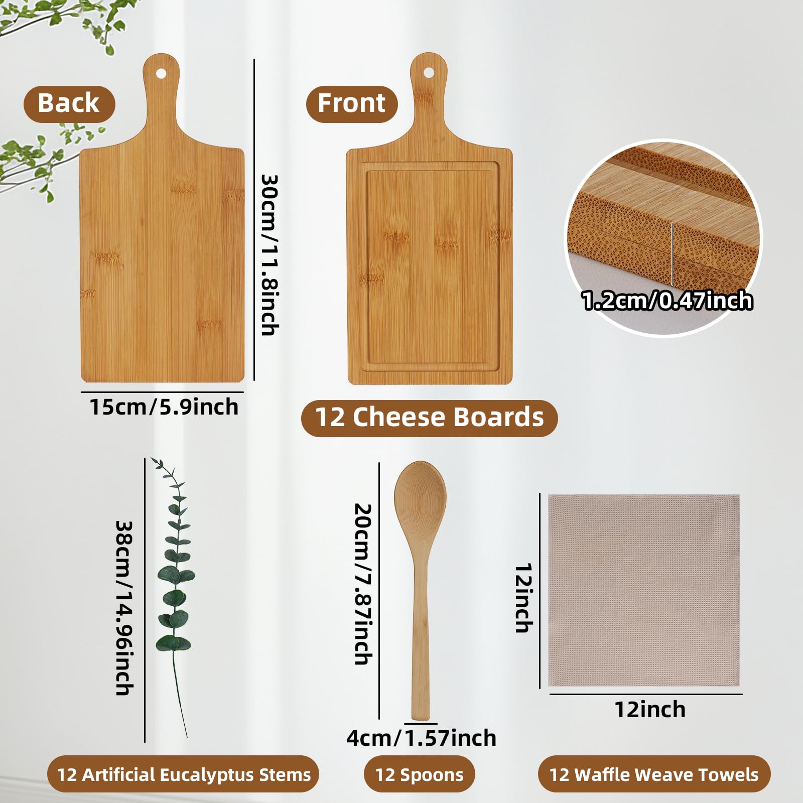 WJXCYGG 12 Set Pre-packaged Baby Shower Prizes: Bamboo Cheese Board, Spoon, Waffle Weave Towel, Artificial Eucalyptus Stems & Bags for Bridal & Baby Shower Party Favors
