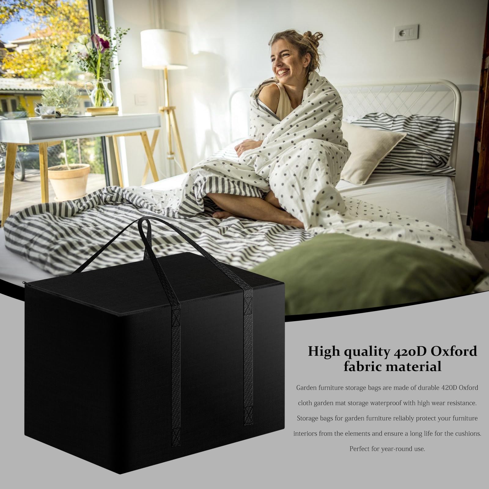 Sac de Rangement pour Salon de Jardin: Organisateur de Coussins de Meubles D'extérieur Imperméable, Rangement pour Coussins de Jardin en Tissu Oxford 420D, avec Poignée, 80x80x60cm, Noir