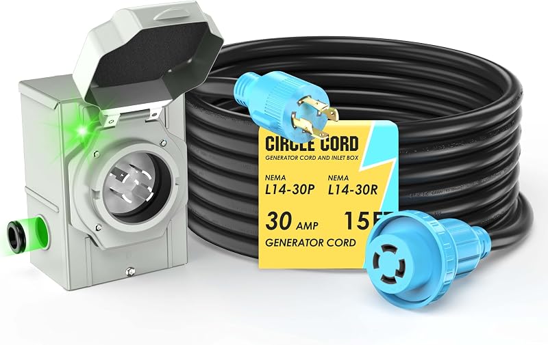4 Prong 15 Feet 30 Amp Generator Extension Cord and Inlet Box | with Locking Connector, Heavy Duty NEMA L14-30P/L14-30R, 125/250V 7500W 10 Gauge SJTW Generator to House, ETL Listed