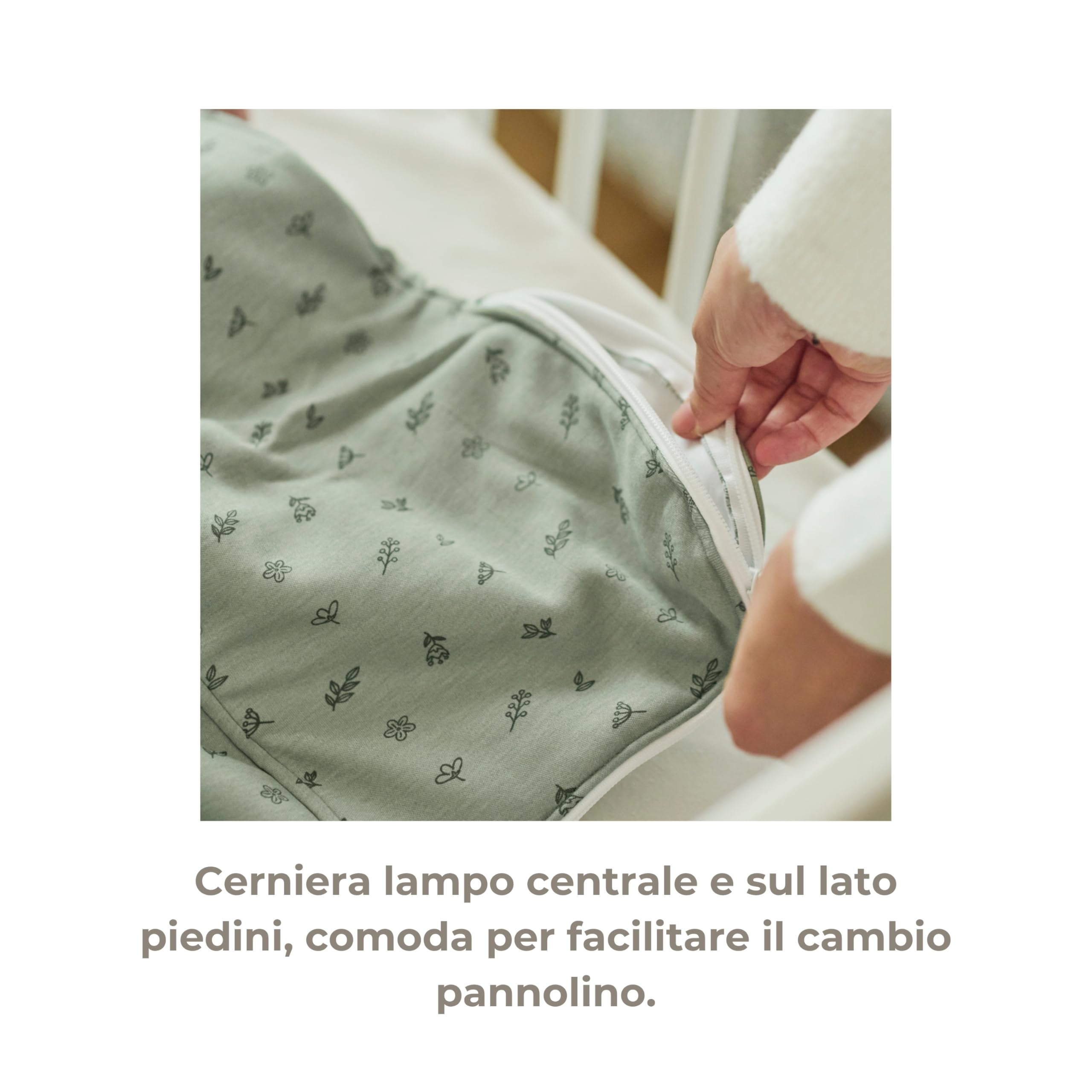 Nuvita MOOVO DREAMS Sacco Nanna Primaverile 90300 TOG 1.5 Smanicato in Cotone Biologico | Sacco Nanna Neonato con Cerniera Centrale e Laterale | Leggero per Primavera ed Estate - Sage Green, 6-18M