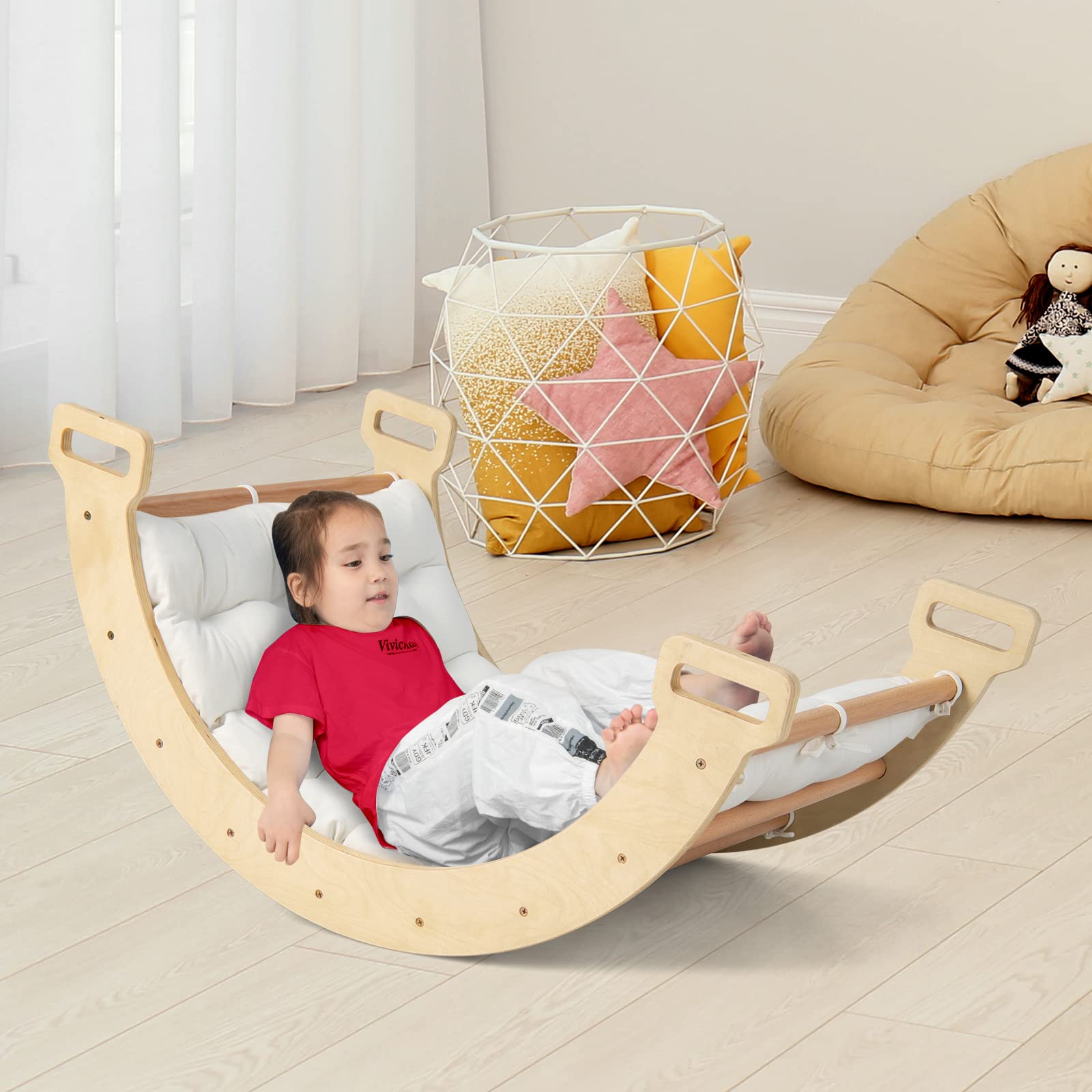 HOMASIS Kletterbogen mit Kissen, Holz Klettergerüst Indoor, Montessori Holzwippe Bogenwippe zum Wippen & Klettern, Picklerdreick Baby, Kletterdreieck Klettergeräte für Kinder ab 3 Jahre (Natur)