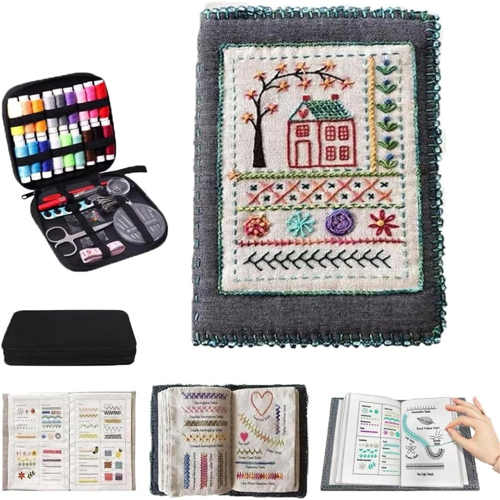 Houkunka No All-In-One Portable All Scenario Embroidery Stitch Book & Sewing Kit, Diy Sets With Complete Toolkit And Instructional Tutorial Instructions 106 Unique Stitch Journal