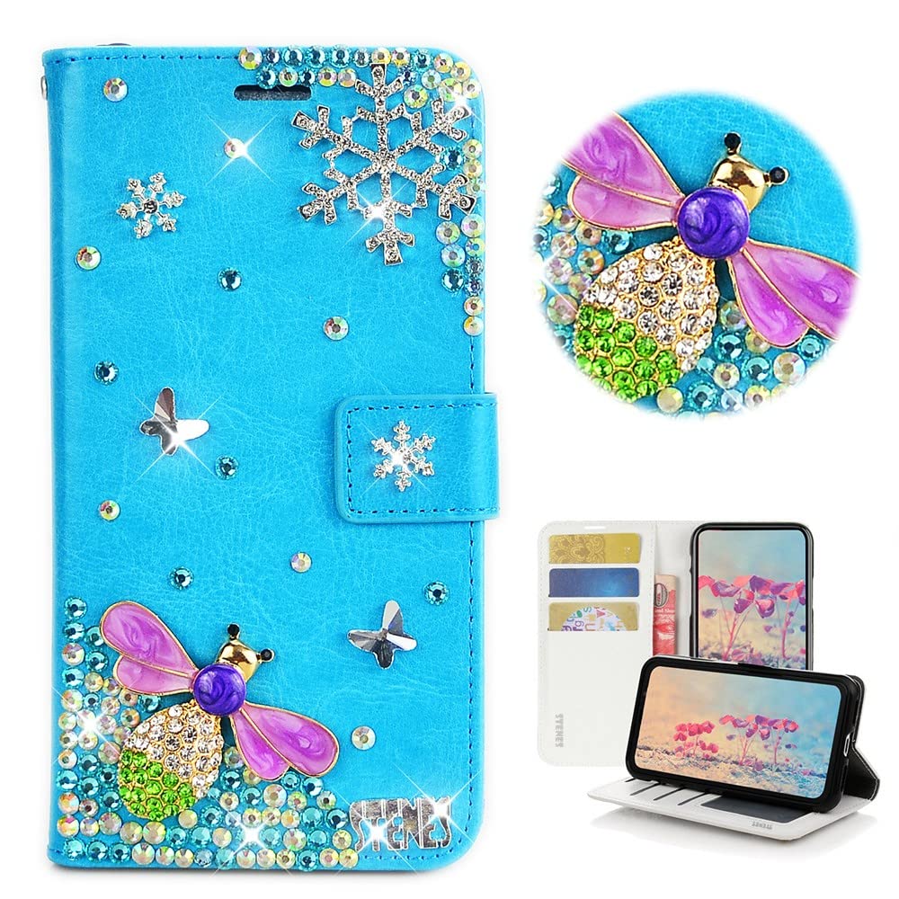 STENES Bling Wallet Phone Case Compatible with LG K22 6.2 inch 2020 Case - Stylish - 3D Handmade Dragonfly Snow Butterfly Glitter Magnetic Wallet Stand Leather Cover Case - Blue