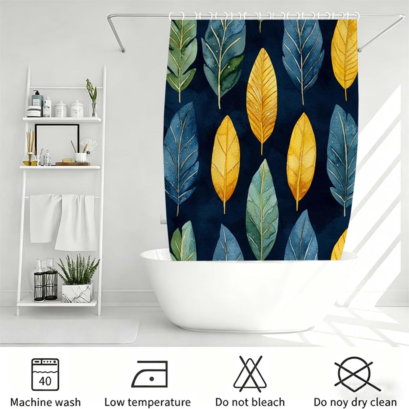 Duschvorhang Pfauenblau, Polyester Stoff aus Textil – Wasserdicht – Waschbar – Inkl 12 Ringe – Badewannenvorhang für Dusche & Badewanne, Shower Curtains 180x180cm Blätter J-613
