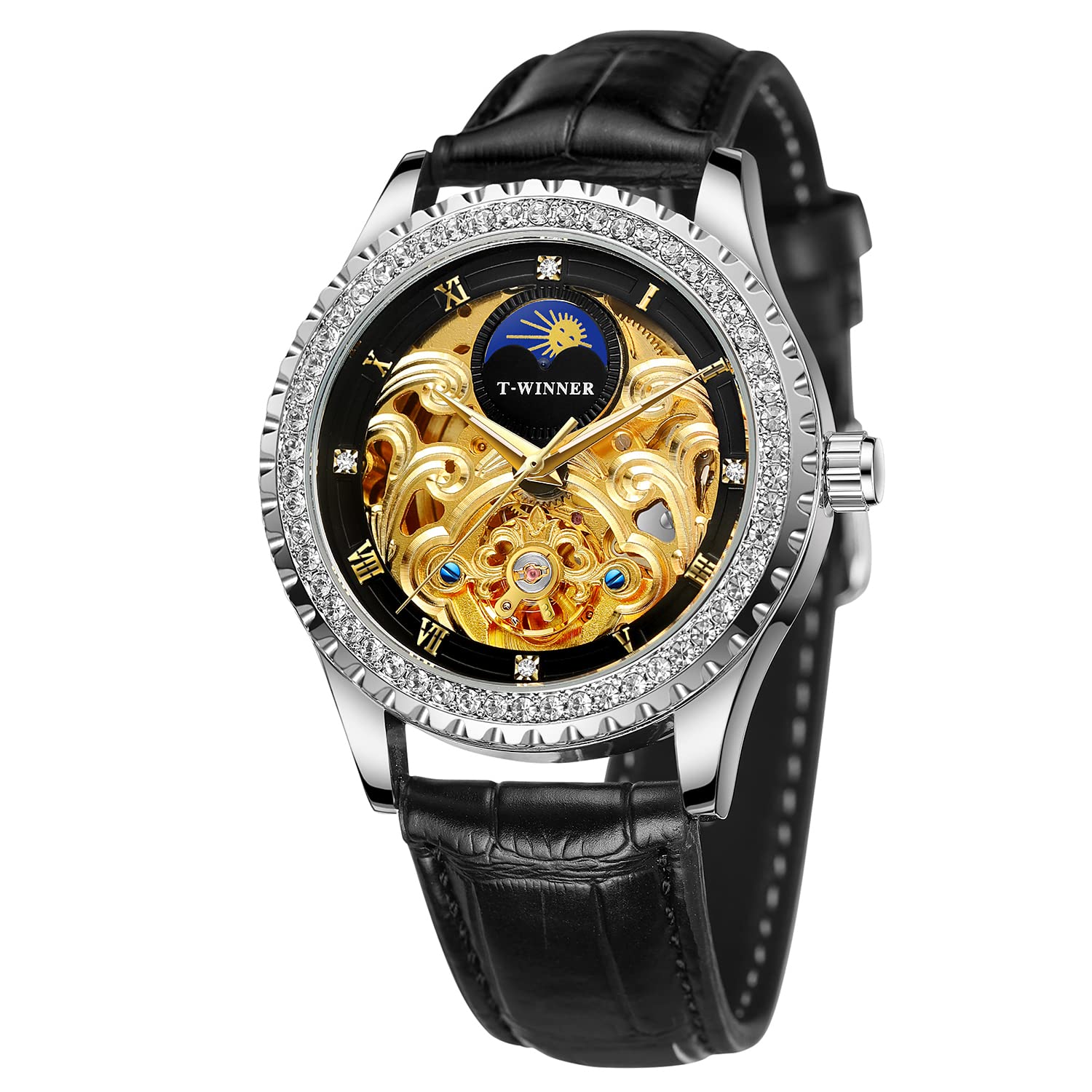 FORSINING Mens Waterproof Automatic Self Winding Moon Phase Diamond Luxury Skeleton Wrist Watch, Gold Silver Black (B09TP8GCJW) Amazon Price History, Amazon Price Tracker