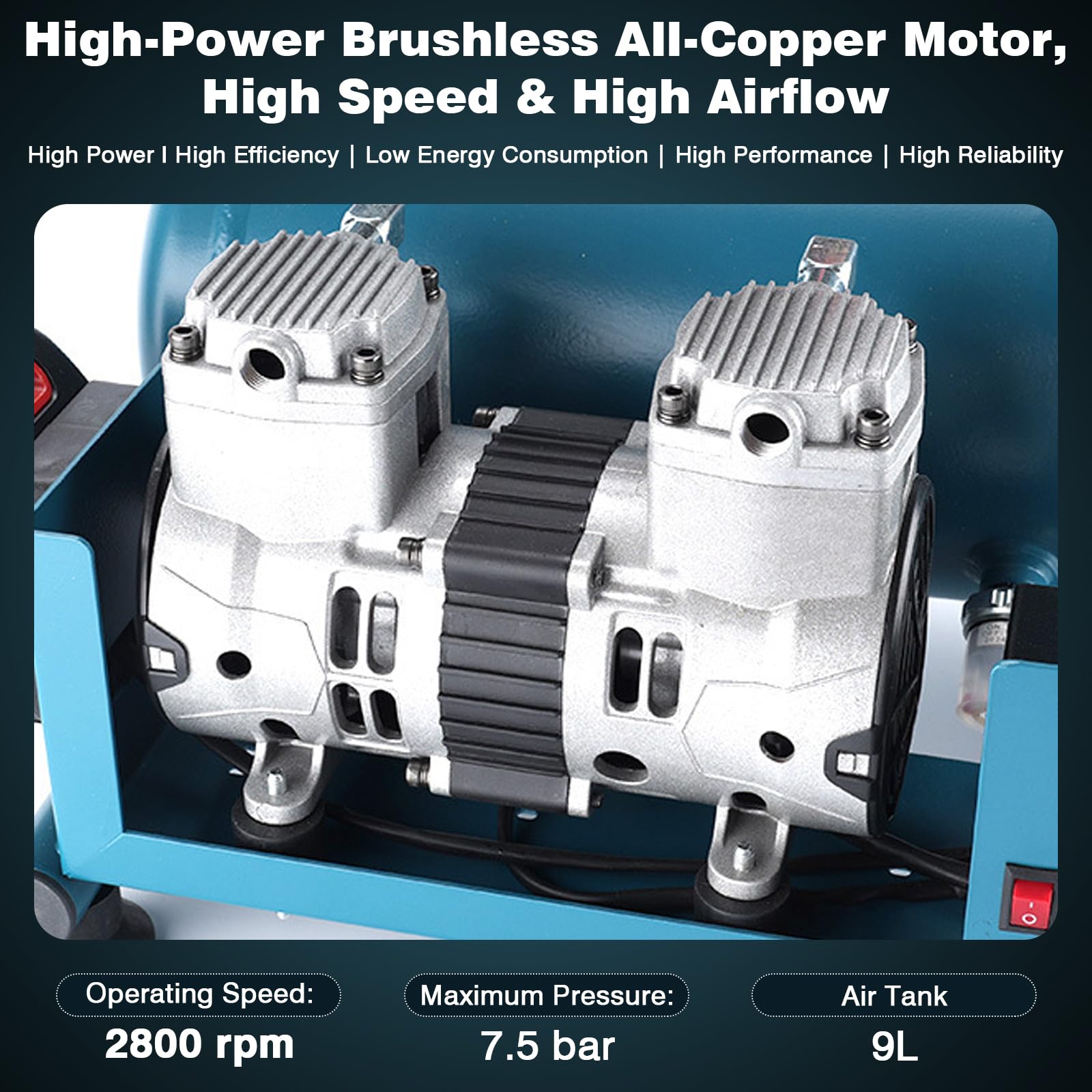 Compresor silencioso de aire comprimido compatible con Makita de 18 V | (On Akku), compresor de aire portátil, presión de trabajo de 7,5 bares, capacidad de botella de gas de 9 l