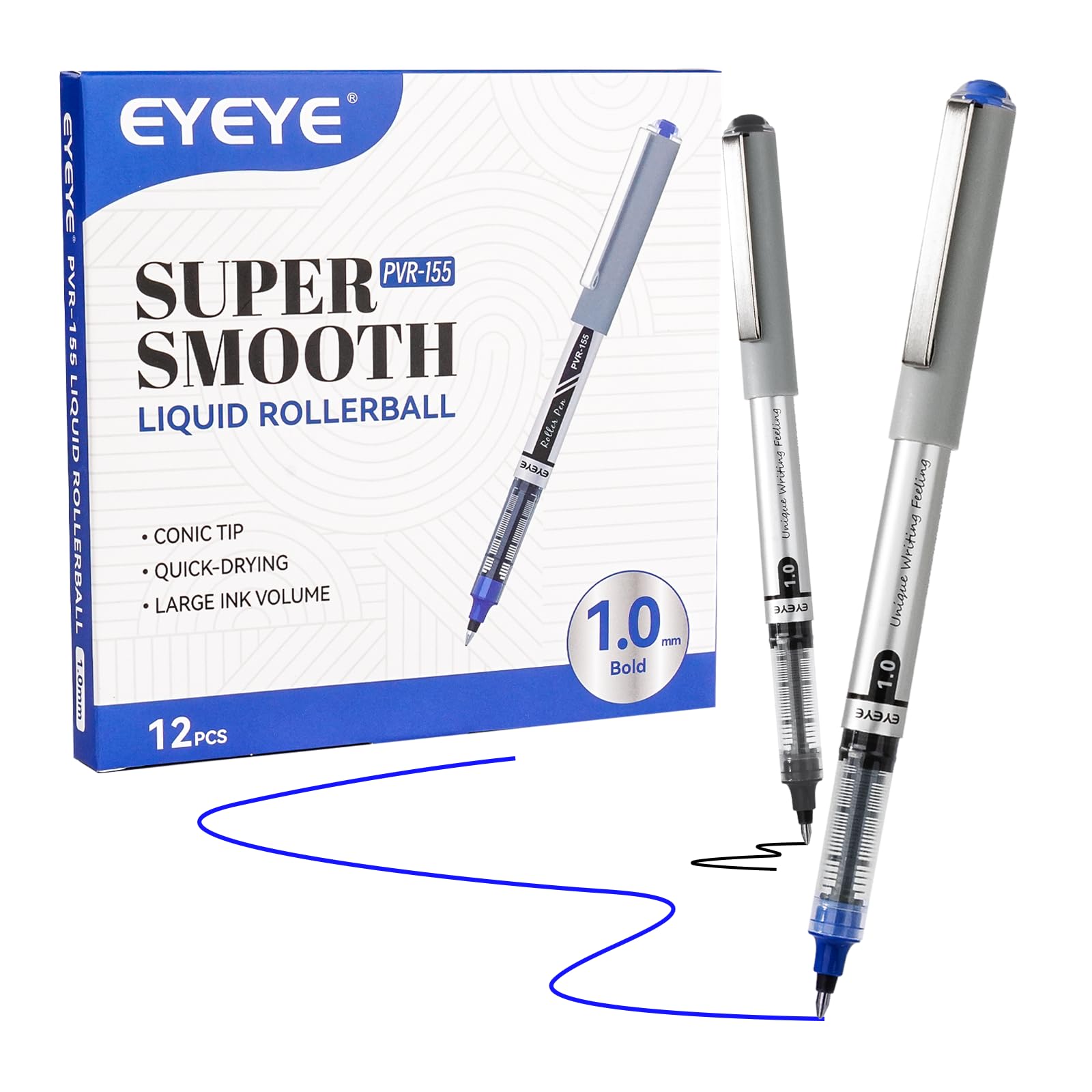 EYEYE 1.0mm Rollerball Pens, 6 Black 6 Blue Roller Ball Pens Bold Point Quick Dry, Liquid Ink Pens Fine Point Smooth Writing Pen for Journaling, Note Taking, Office, School Supplies