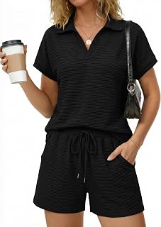 AGSEEM Women's 2-Piece Textured V-Neck Shorts Set - Summer Casual Lounge Outfit with Drawstring Waist & Pockets