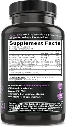 Vista 13 de Suplemento de hierro Complejo completo 2 en 1 – Flujo natural 2X Heme y quelado no hemo hierro bisglicinato, folato, B y vitamina C, para anemia