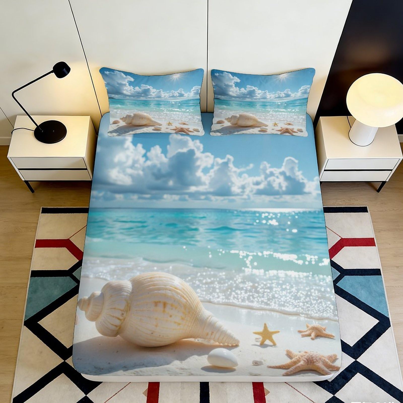 3D Printed Beach Shells Fitted Sheet Microfiber Soft Ocean Starfish Mattress Cover for Bedroom Guest Room Decor 90x200x25cm