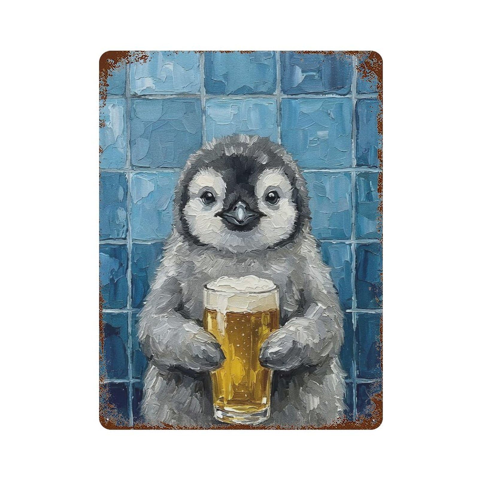 Penguin with Beer Painting Rust Effect Tin Sign 15.7"x11.8", Rustic Home Decor for Cafe, Home Bar And Lounge Decor