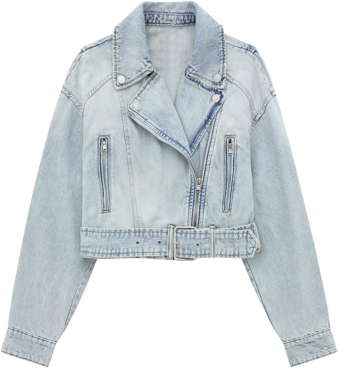 chouyatou Women's Fall Moto Biker Distressed Denim Jacket Boyfriend Casual Belted Short Jean Jacket