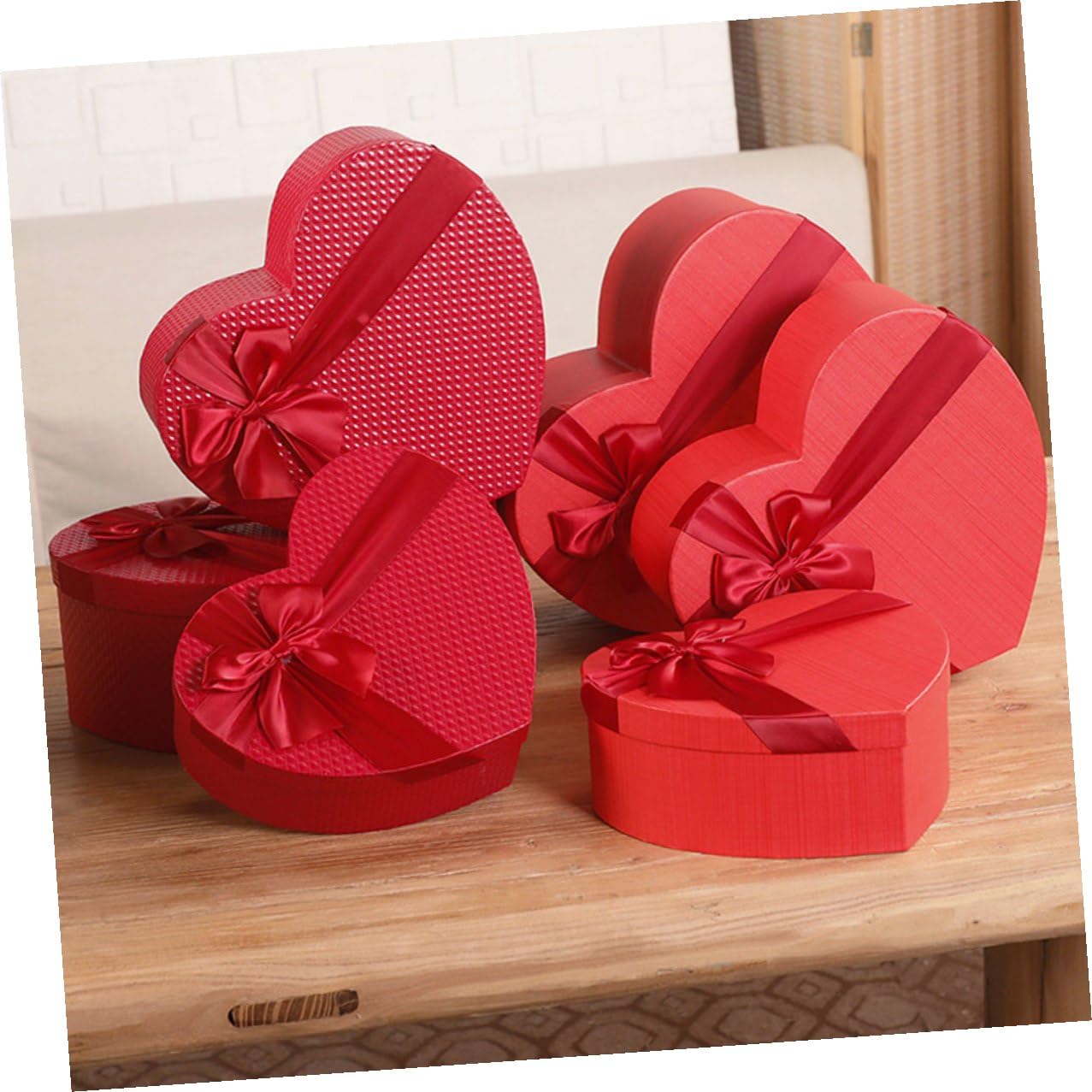 HOODANCOS Herzförmige Geschenkbox 3 Stück Rot mit Deckel und Schleife Papier Aufbewahrungsbox für Valentinstag Hochzeit Kosmetik und Party