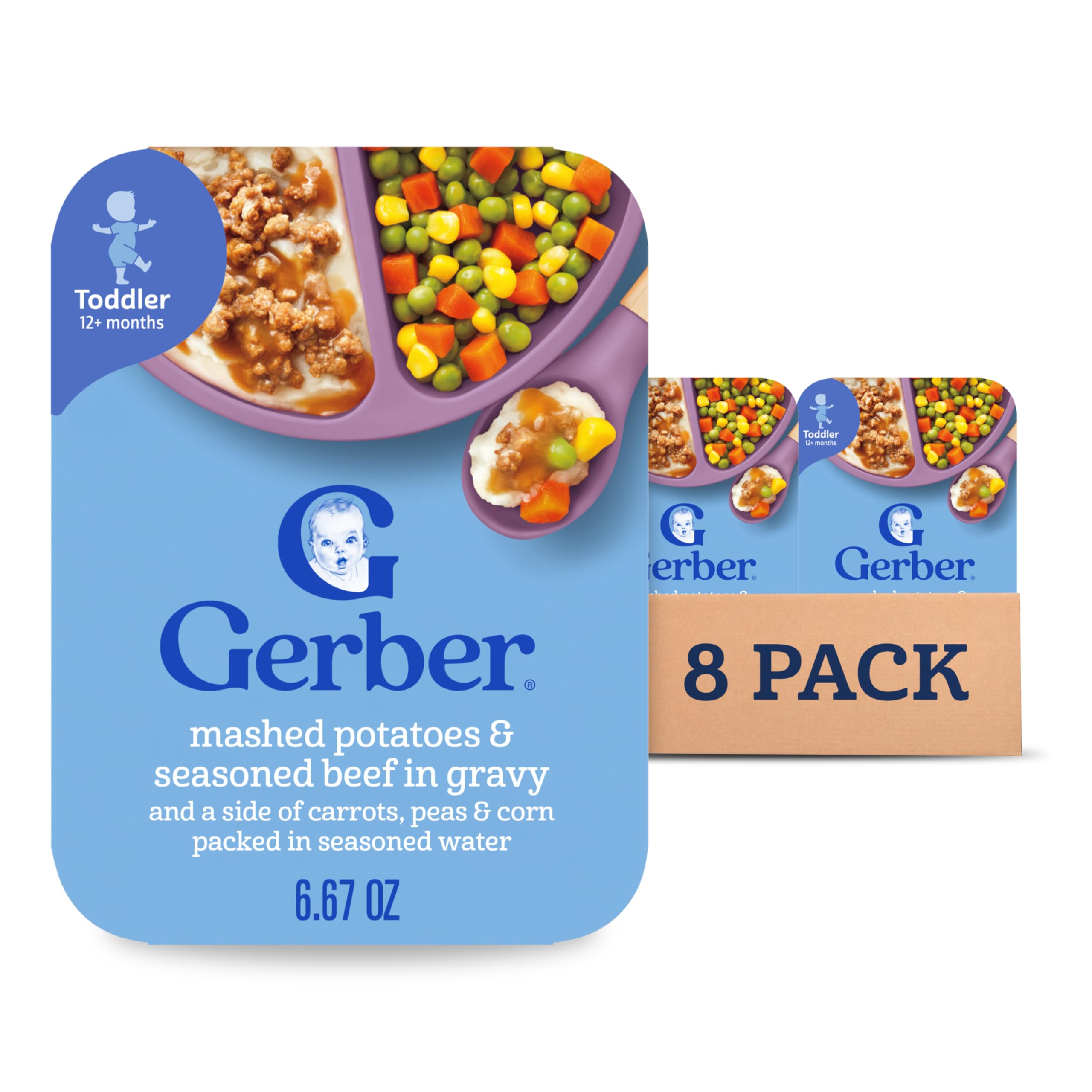 Gerber Toddler Food, Mashed Potatoes & Beef in Gravy, Mealtime for Toddler, 8PK