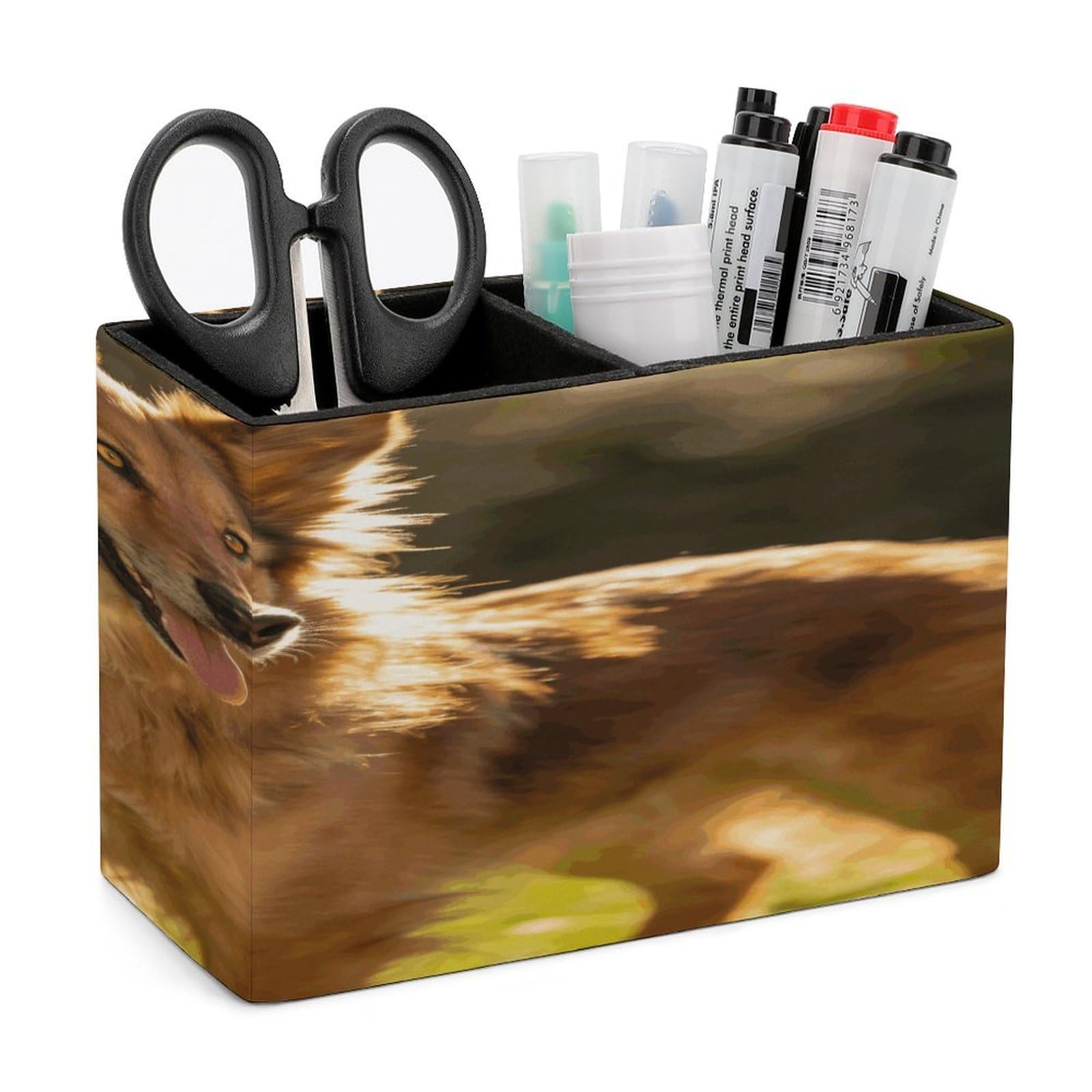 LZQPOEAS Dog Pen Holder Double Compartments Pen Cup Makeup Brush Holders Leather Pencil Holder Locker Organizer for Work Locker Accessories Modern Pencil Cup for Desk