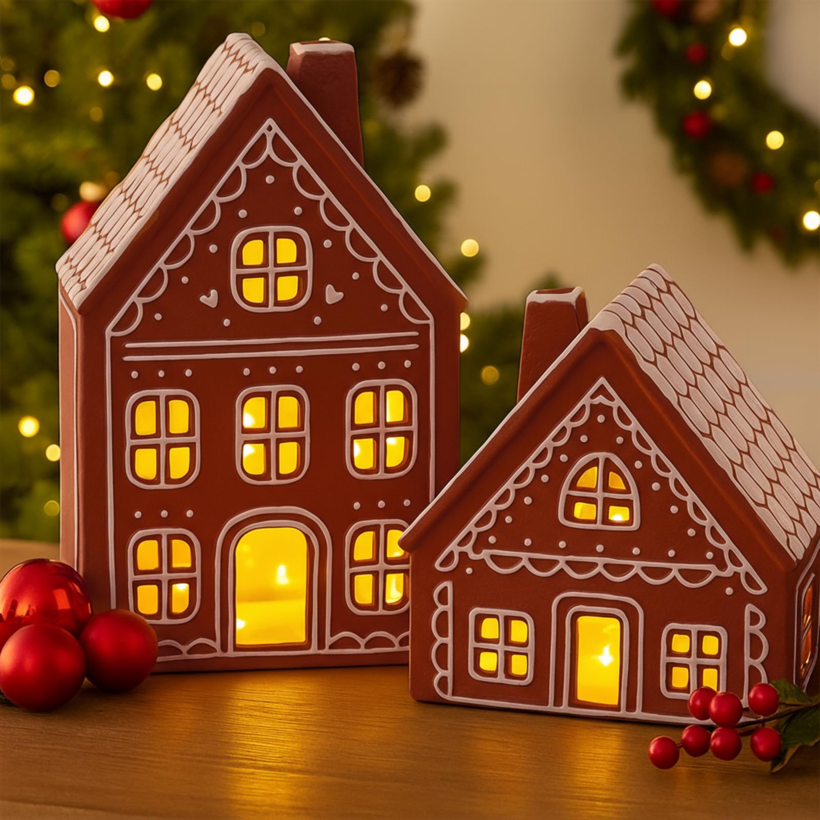Funnymoom 2 juegos de casas de jengibre heladas de cerámica iluminadas, decoraciones de Navidad para interiores, casas de pan de jengibre LED preiluminadas, decoración de mesa de cocina para centro de
